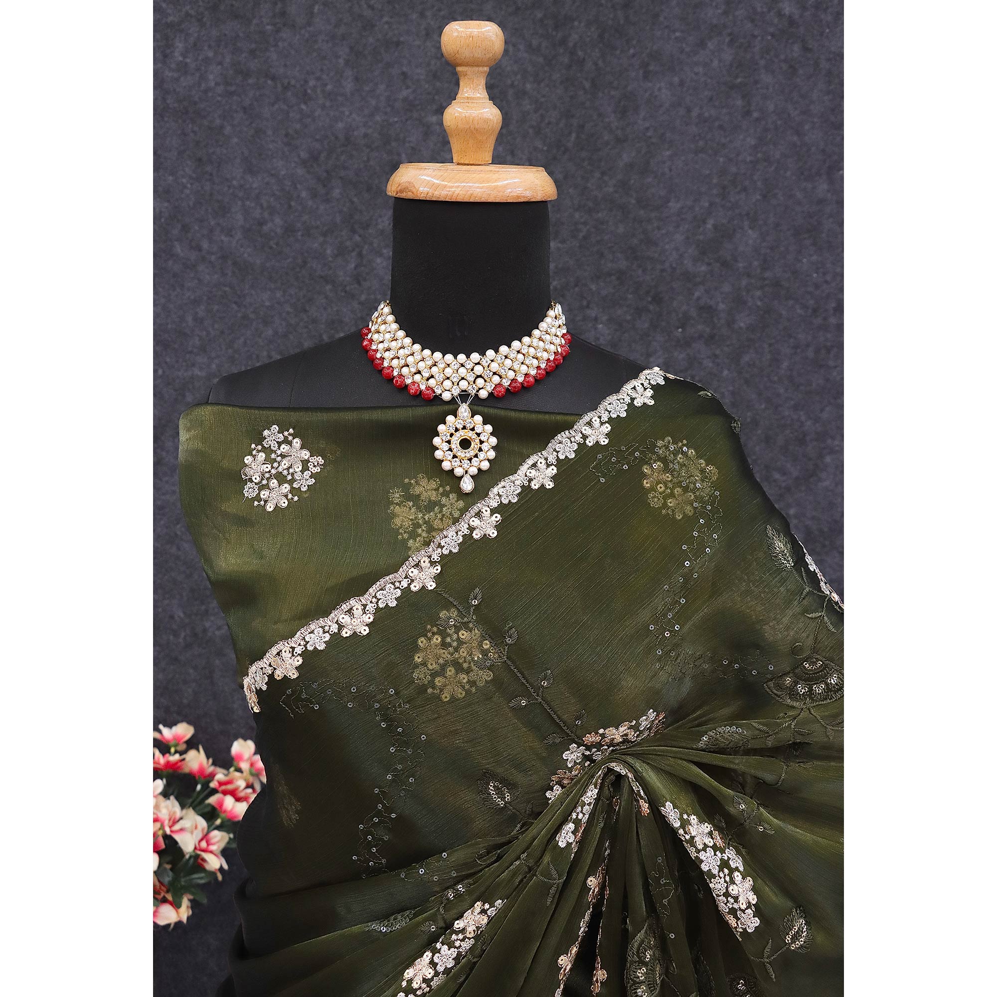 Green Sequins Embroidered Chiffon Saree - Image 7
