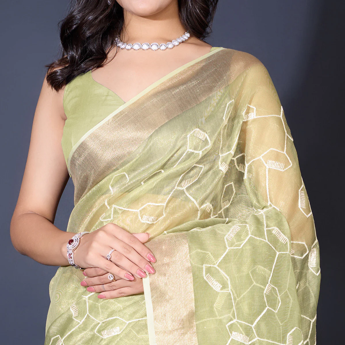 Green Sequins Embroidered Cotton Silk Saree - Image 3