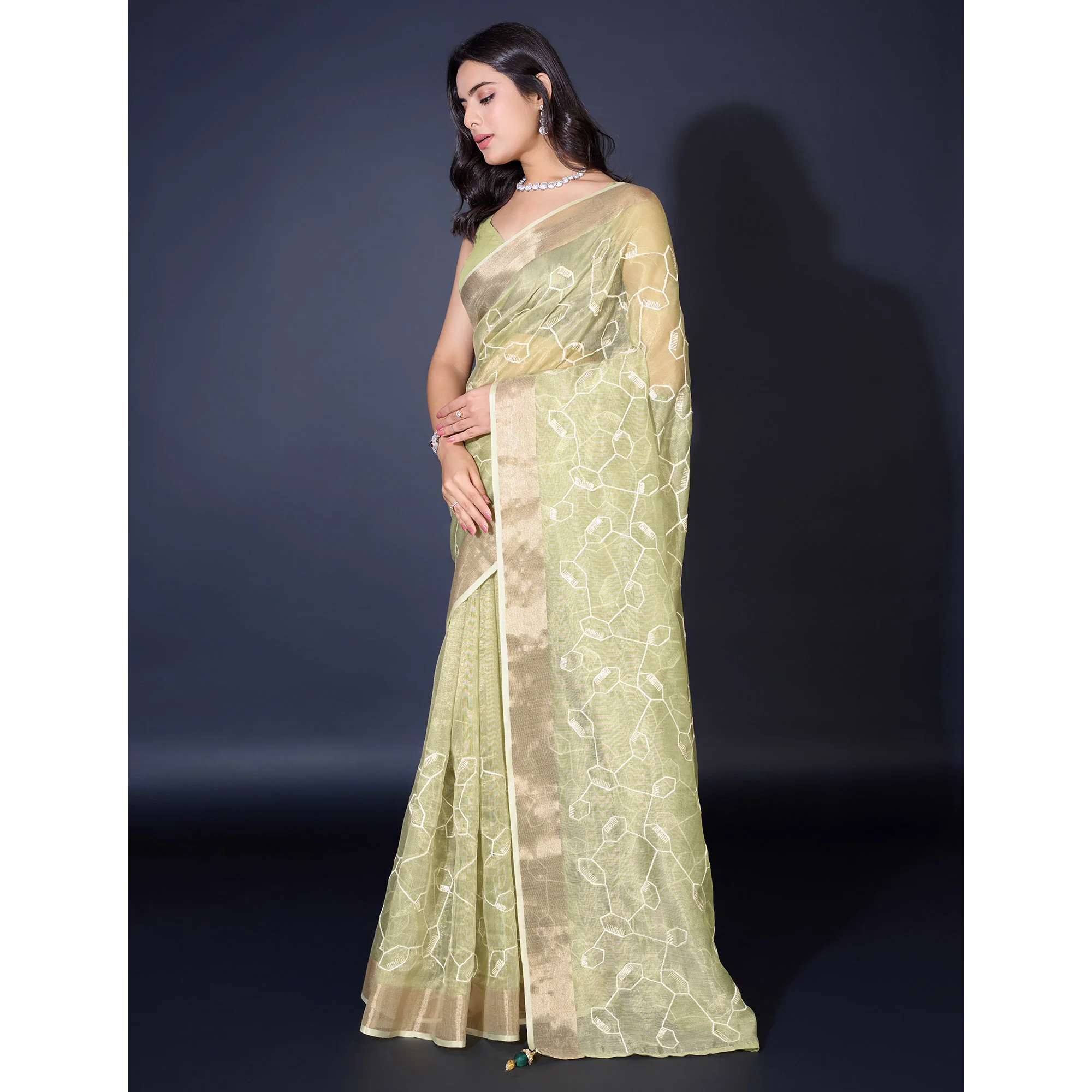 Green Sequins Embroidered Cotton Silk Saree - Image 4