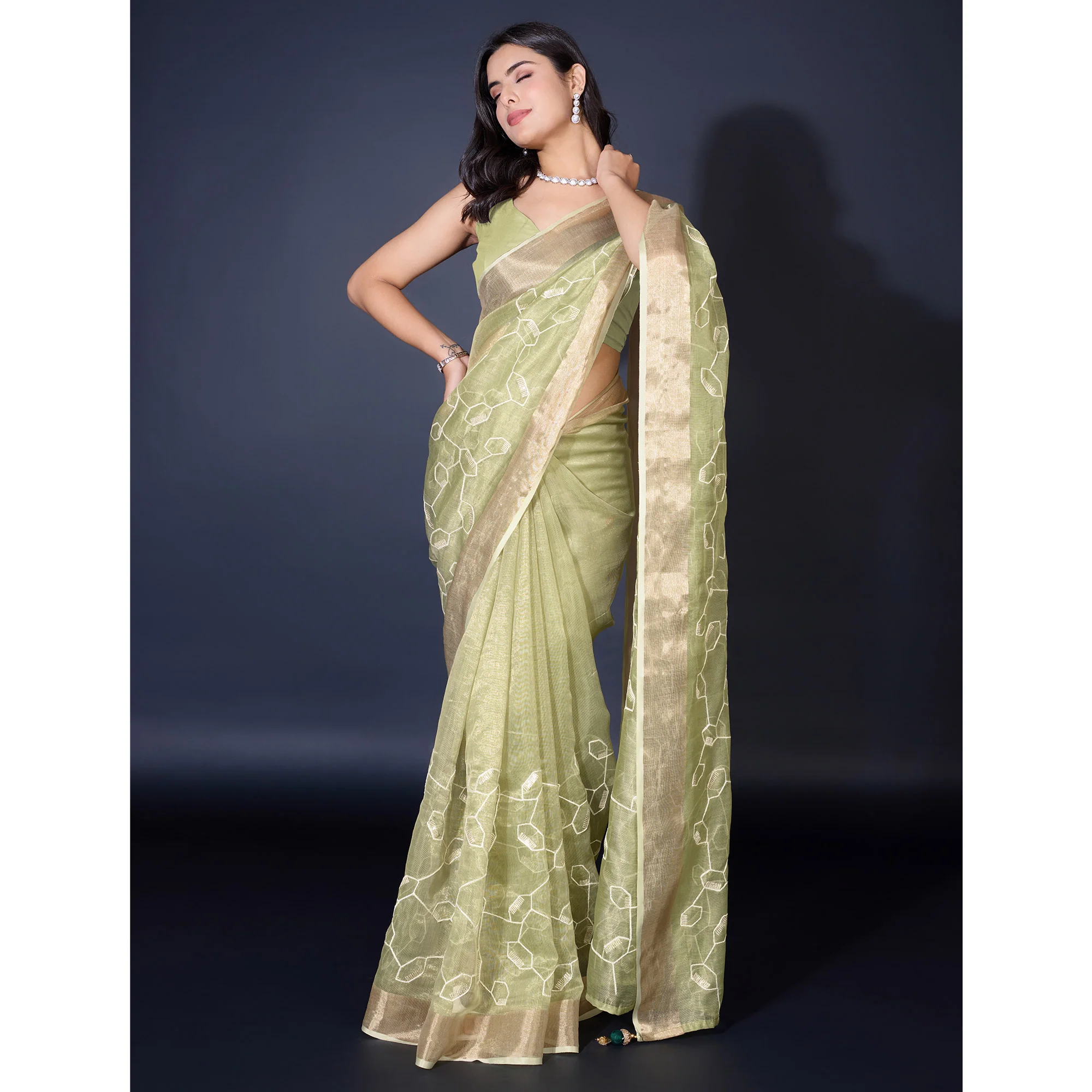 Green Sequins Embroidered Cotton Silk Saree - Image 5