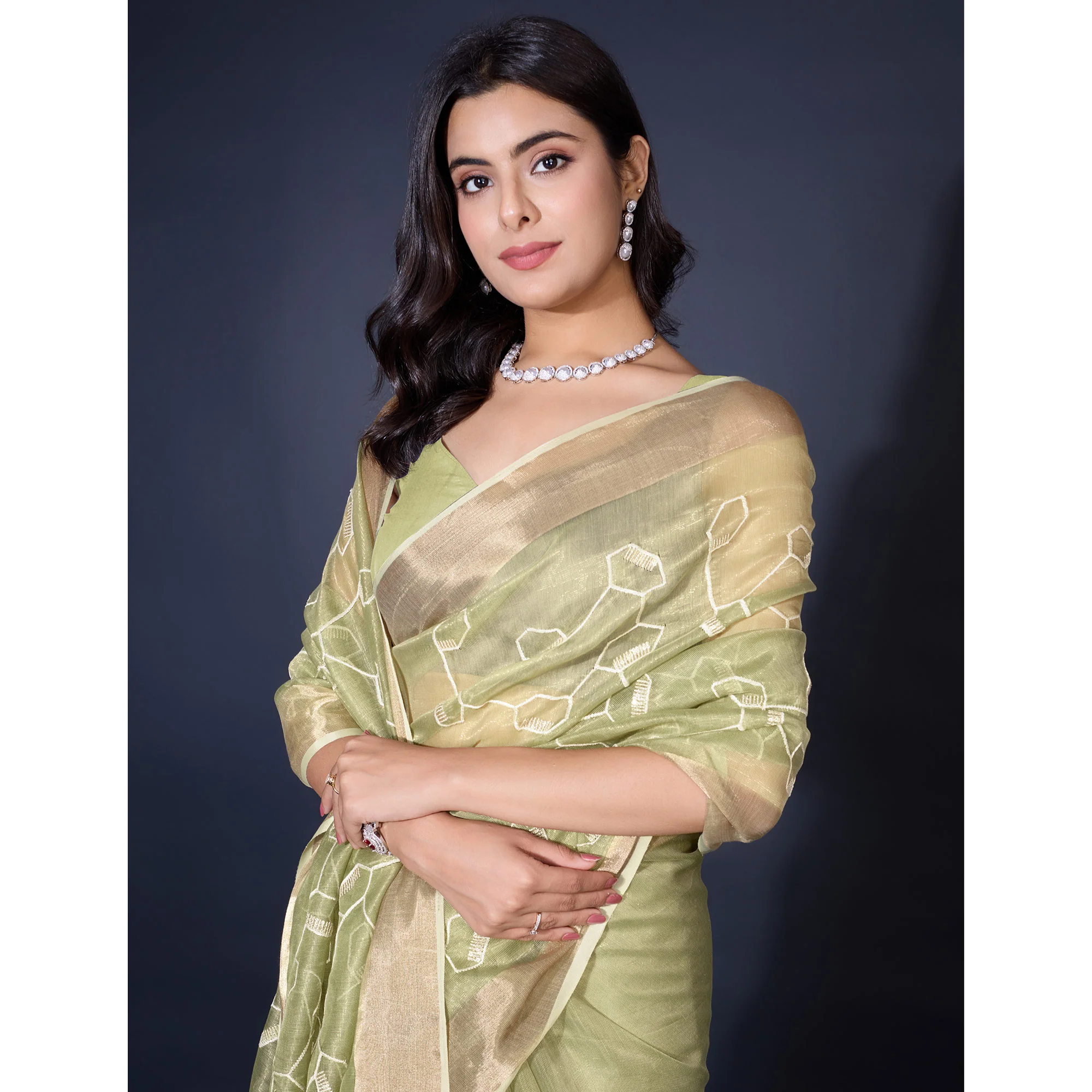 Green Sequins Embroidered Cotton Silk Saree - Image 7