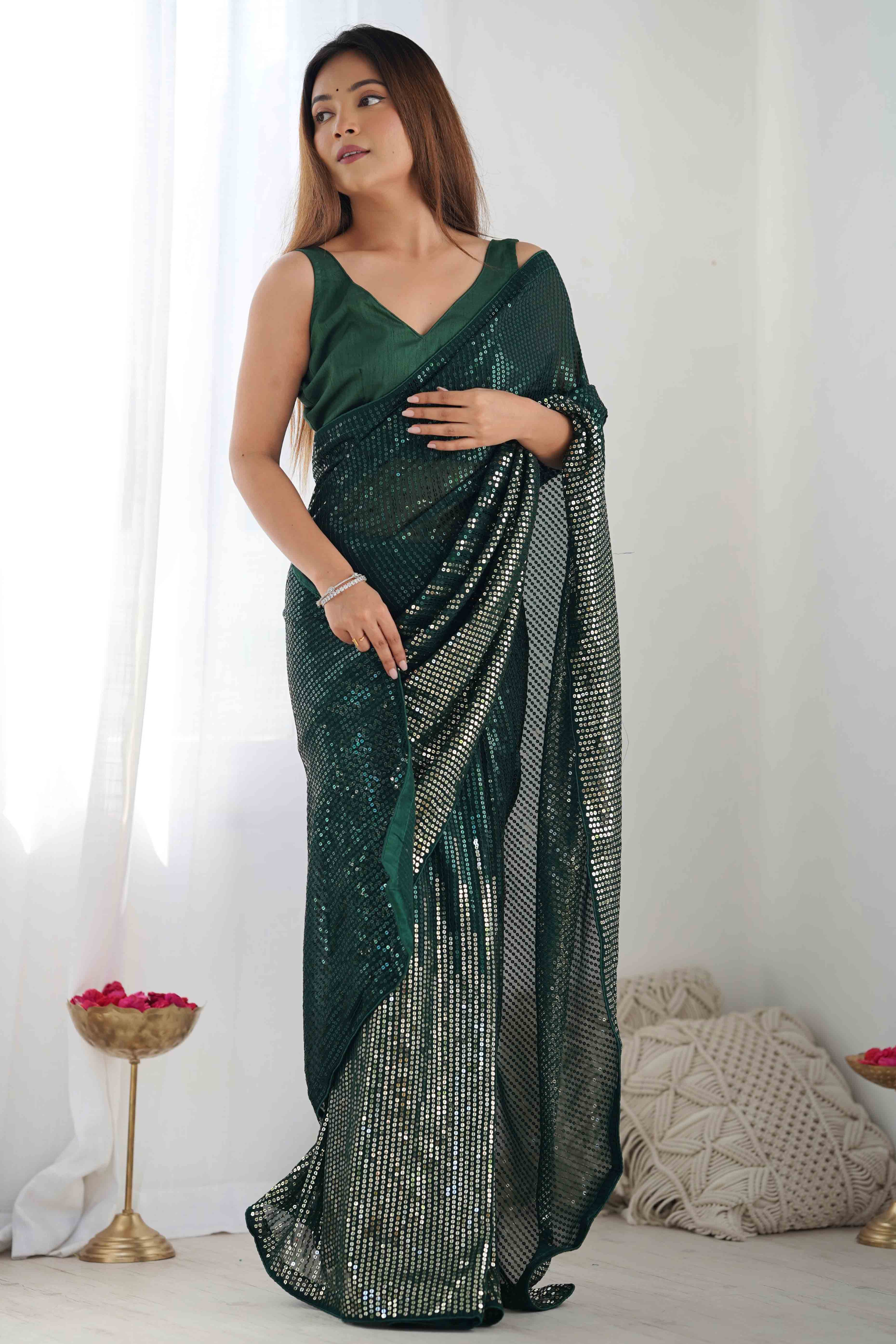 Green Sequins Embroidered Georgette Saree - Image 3