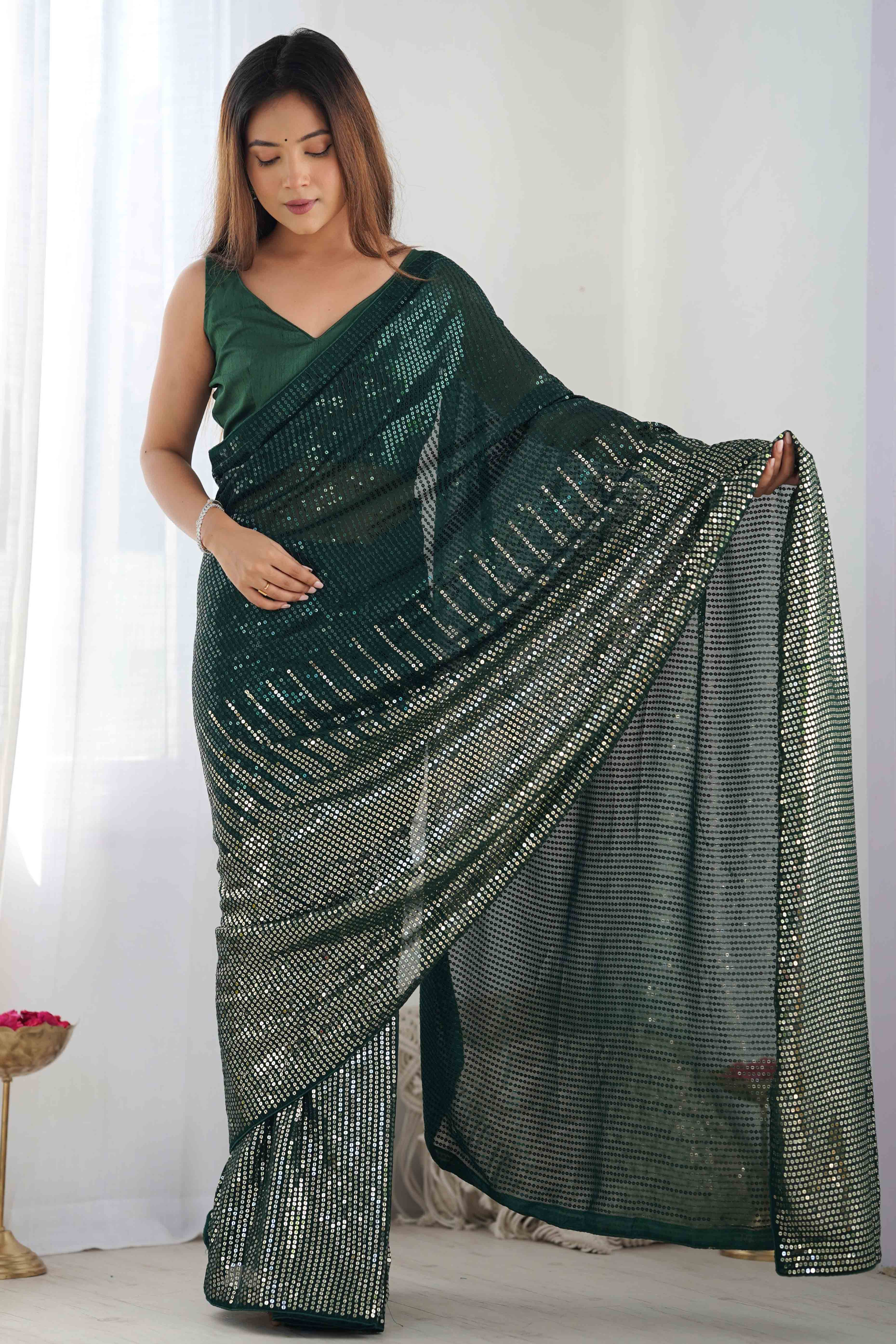 Green Sequins Embroidered Georgette Saree - Image 4