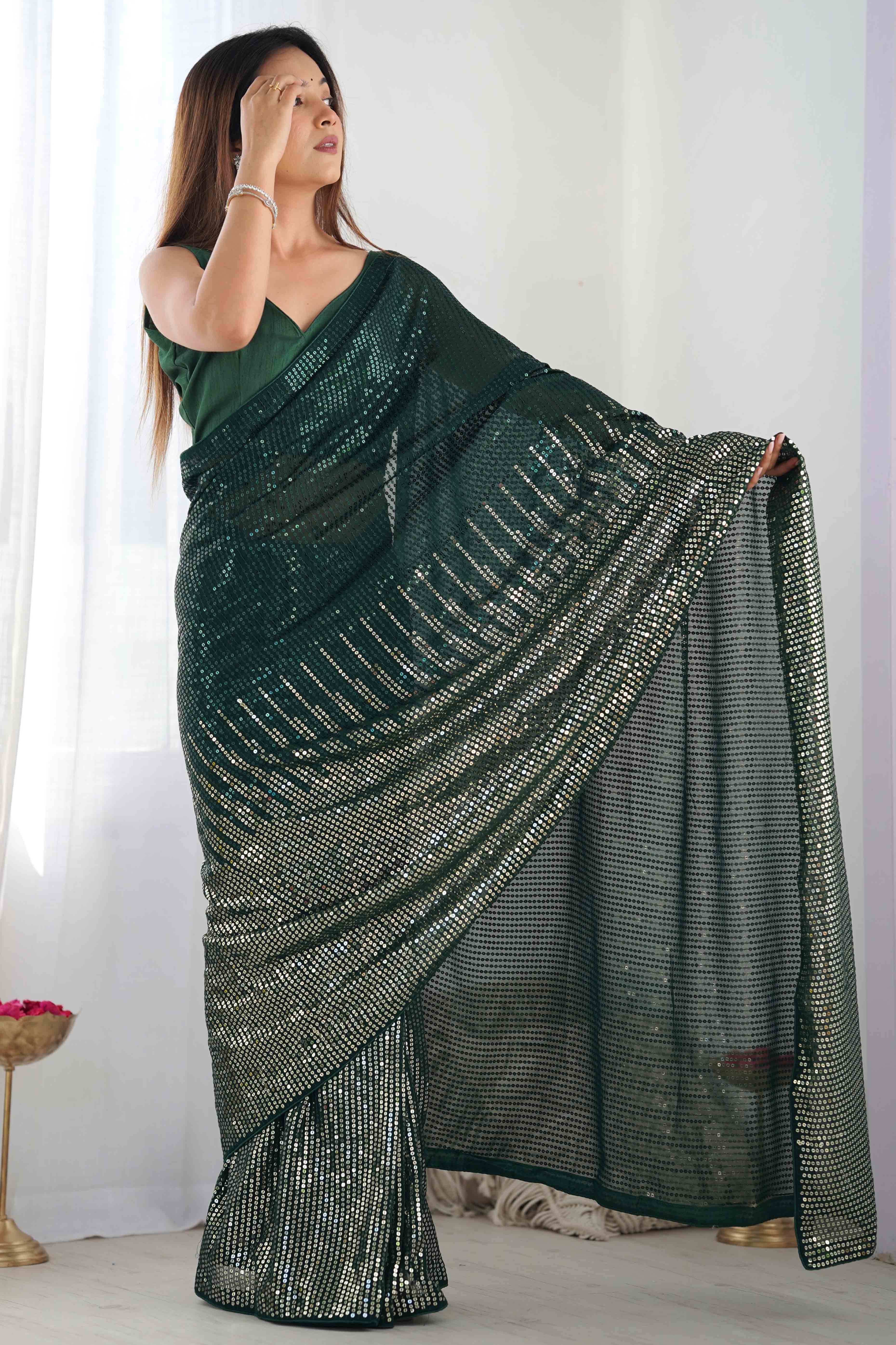 Green Sequins Embroidered Georgette Saree - Image 5