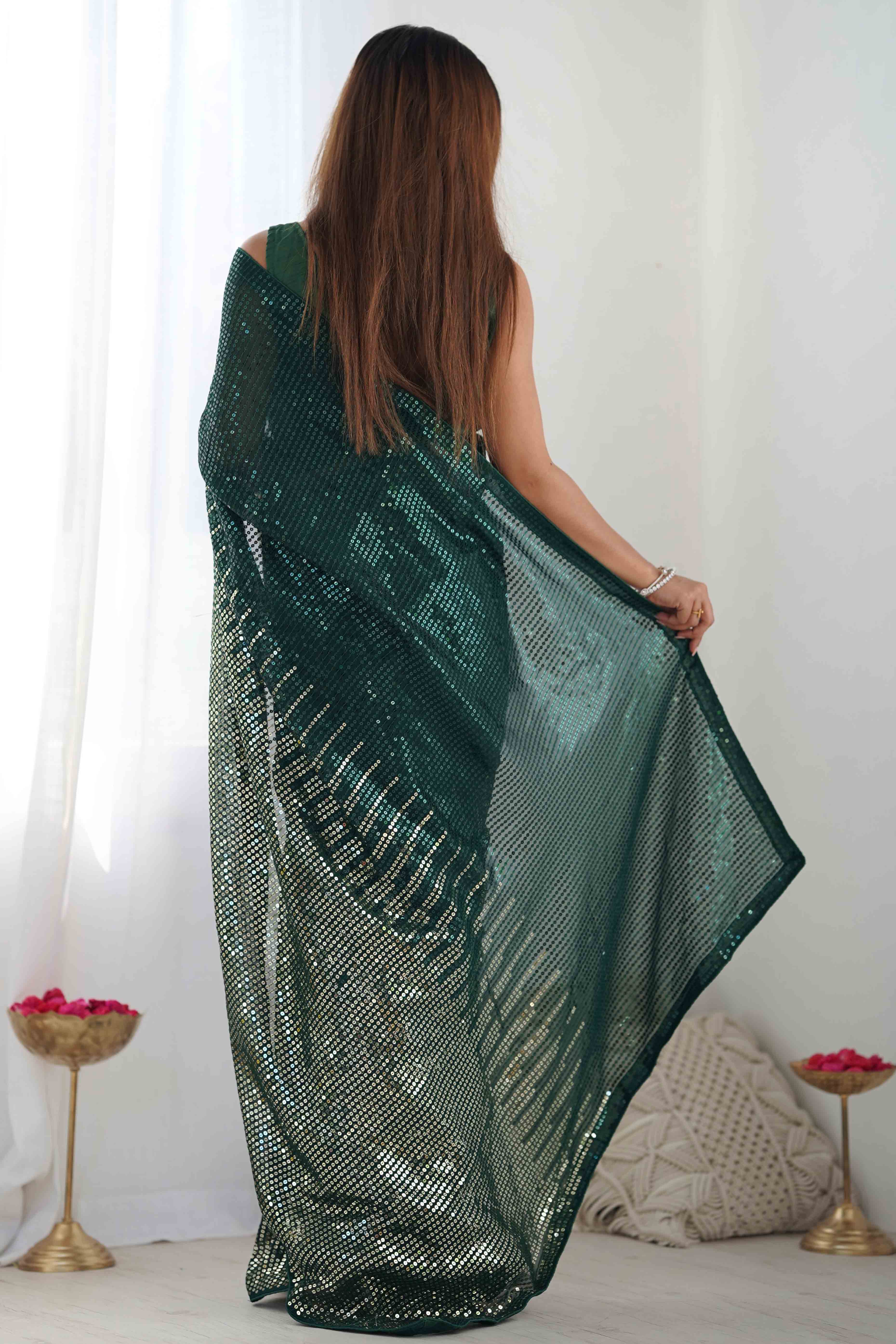 Green Sequins Embroidered Georgette Saree - Image 7