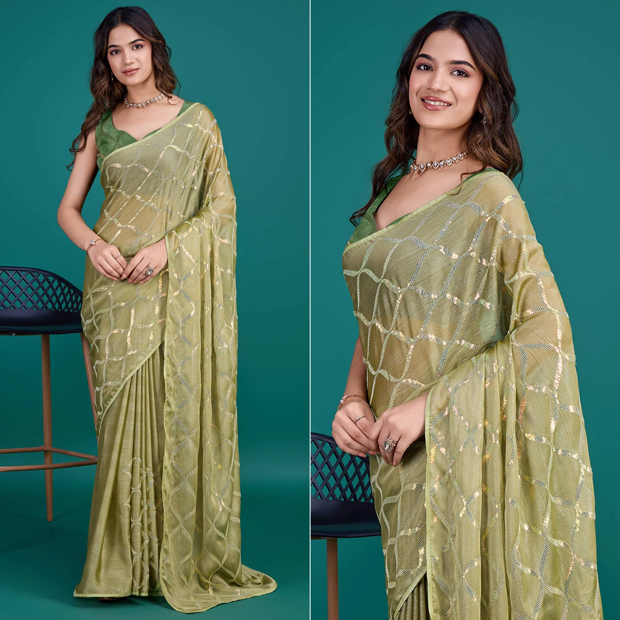Green Sequins Embroidered Georgette Saree