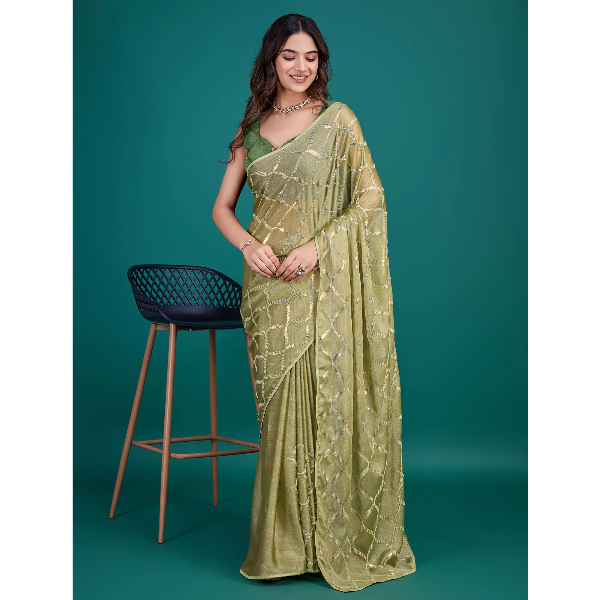 Green Sequins Embroidered Georgette Saree - Image 4