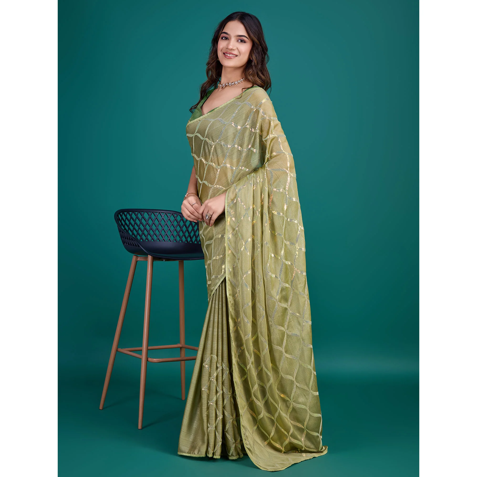 Green Sequins Embroidered Georgette Saree - Image 5