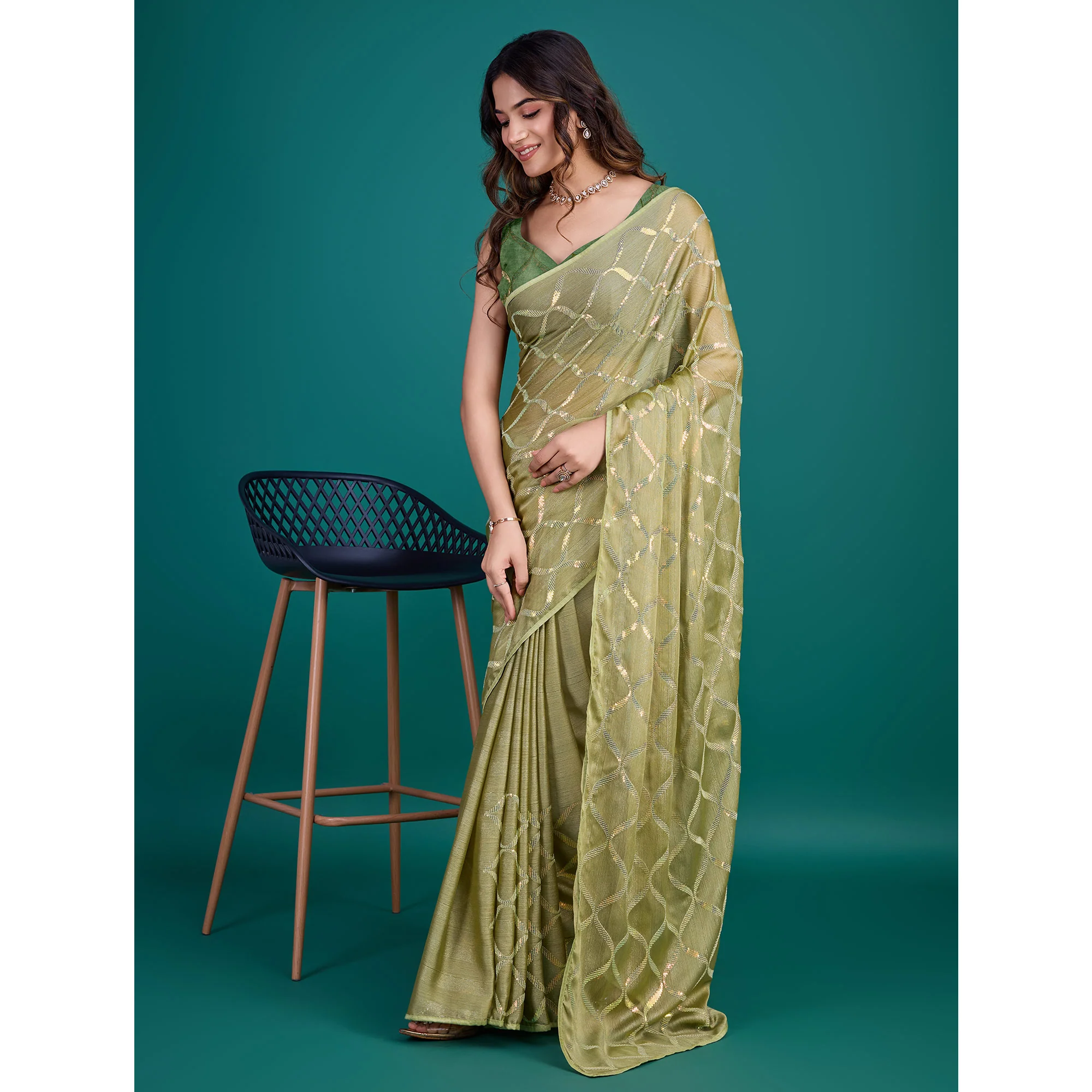 Green Sequins Embroidered Georgette Saree - Image 6