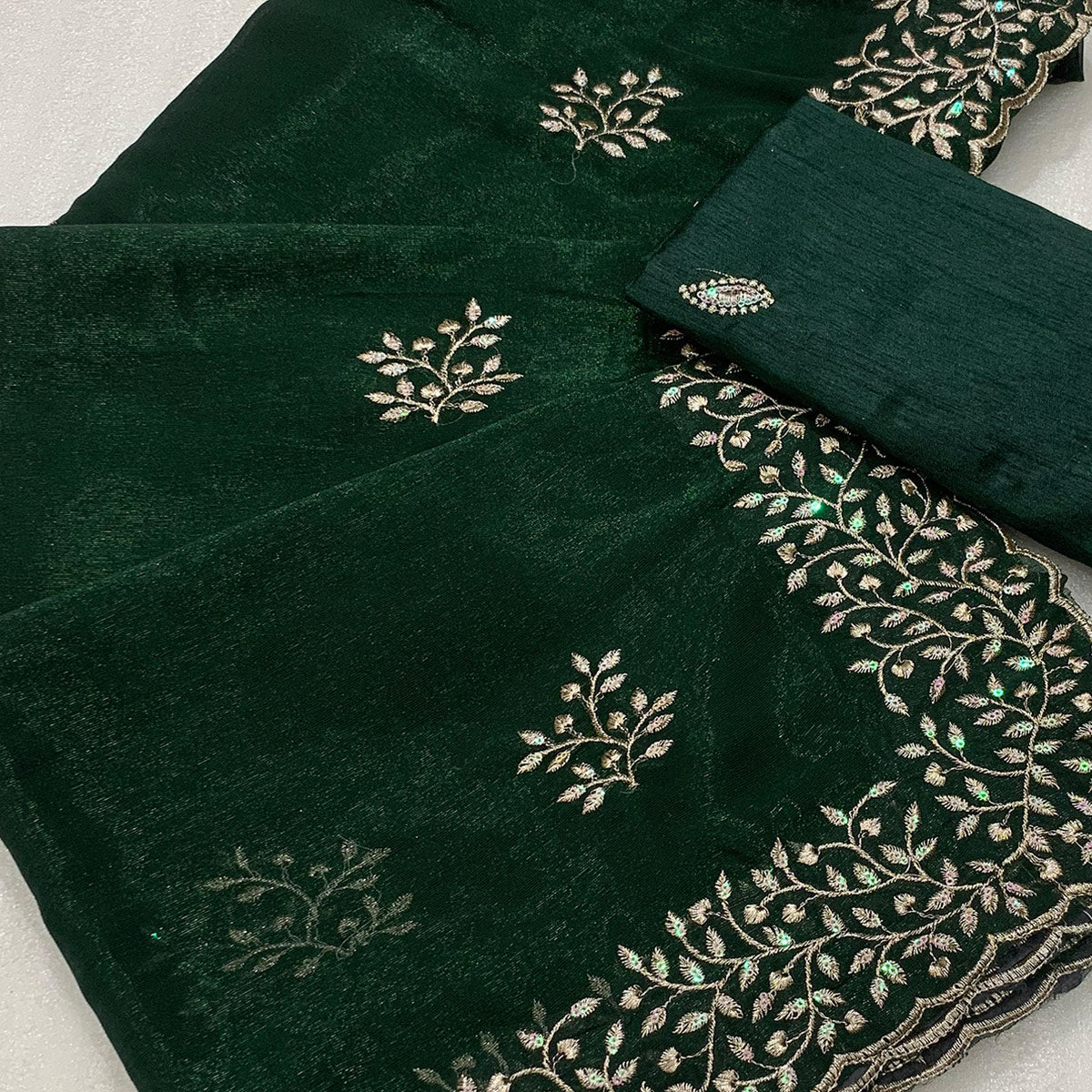 Green Sequins Embroidered Shimmer Silk Saree - Image 2