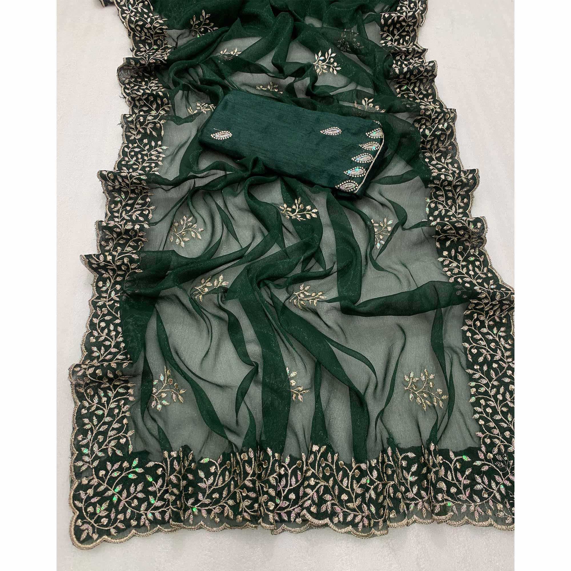 Green Sequins Embroidered Shimmer Silk Saree - Image 3