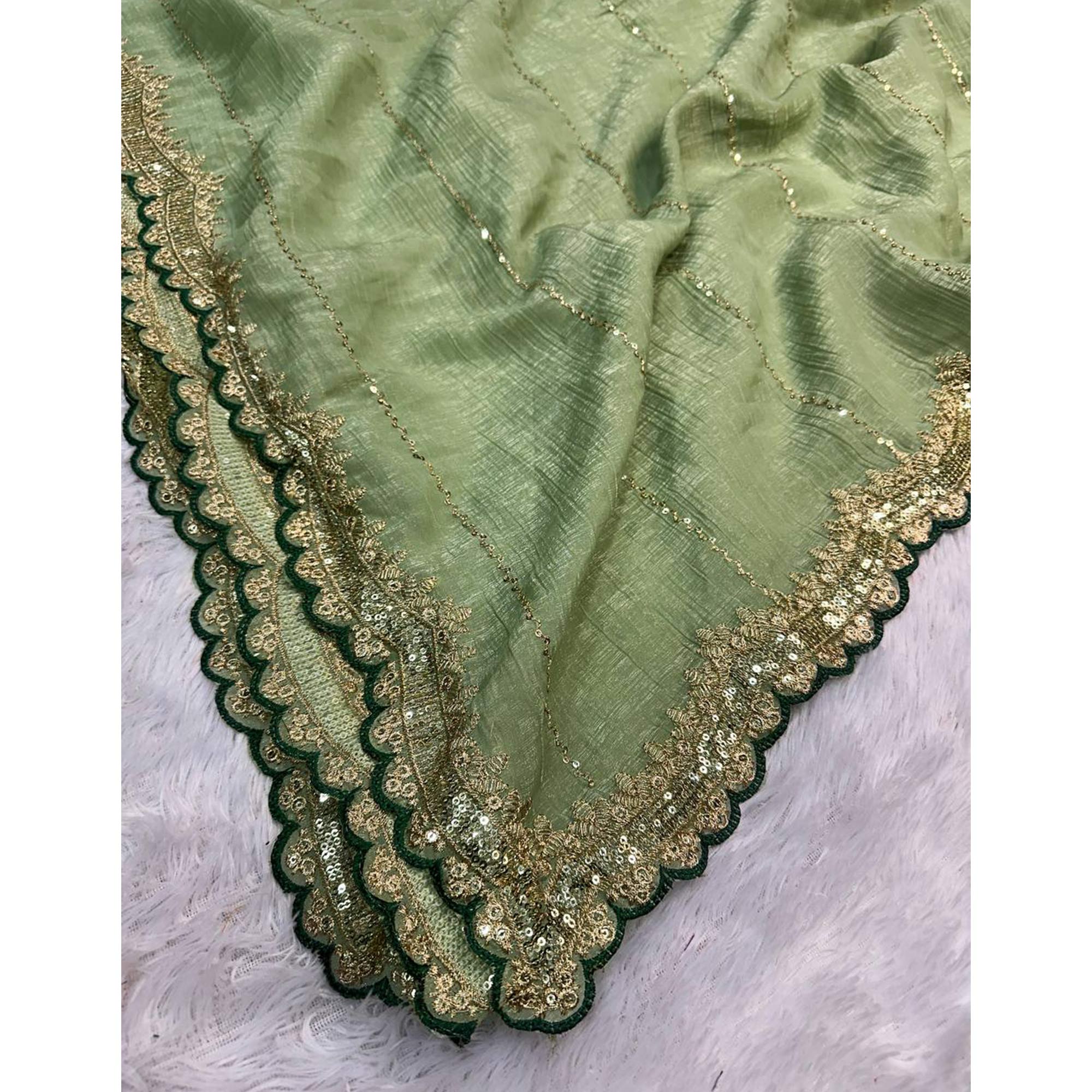 Green Sequins Embroidered Tussar silk Saree - Image 5