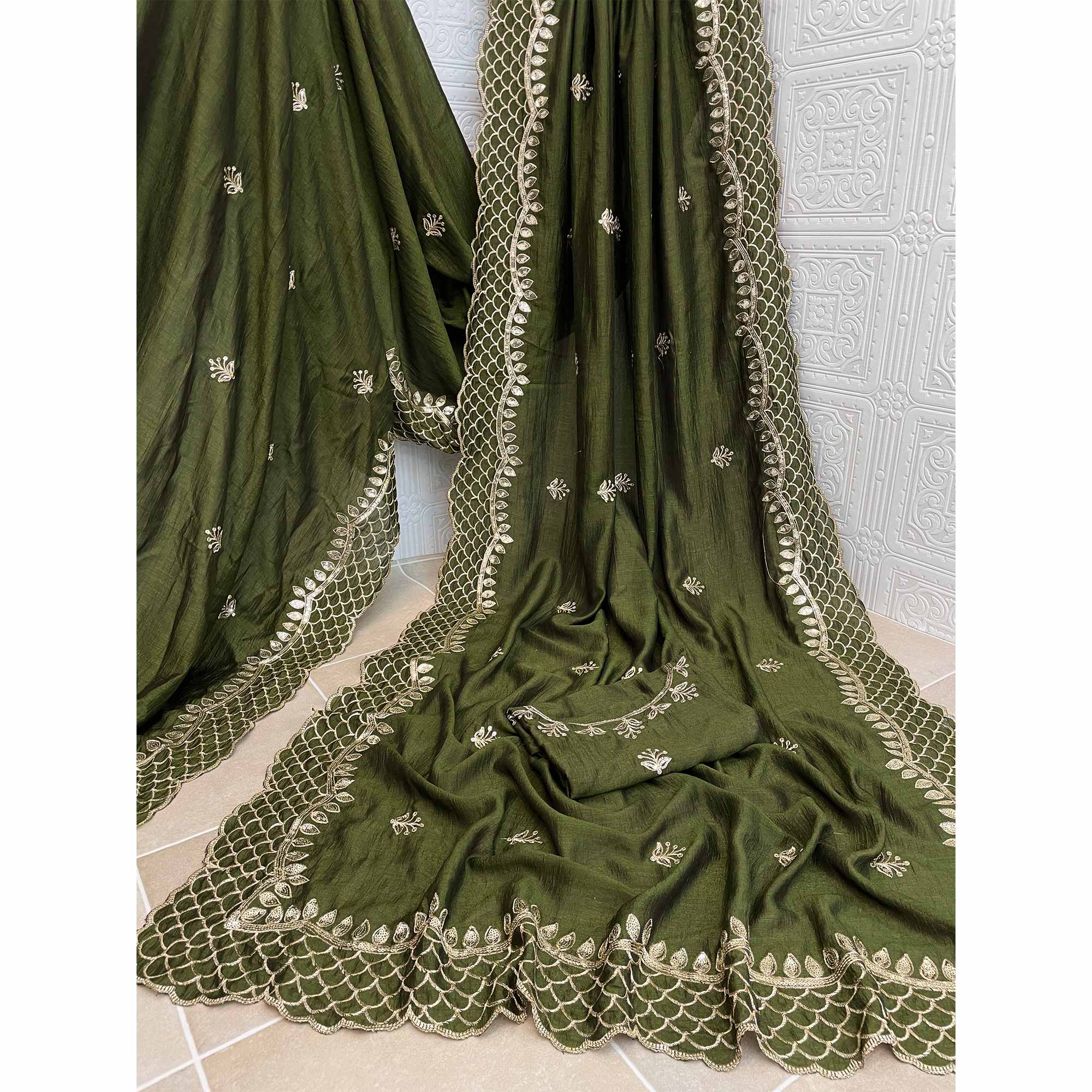 Green Sequins Embroidered Vichitra Silk Saree - Image 3