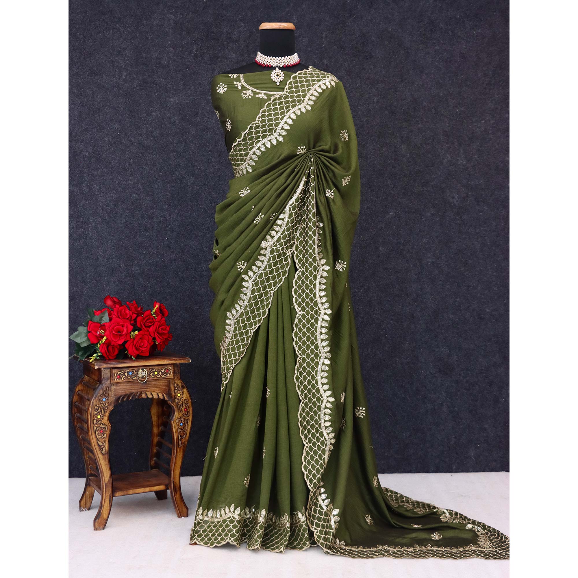 Green Sequins Embroidered Vichitra Silk Saree - Image 4