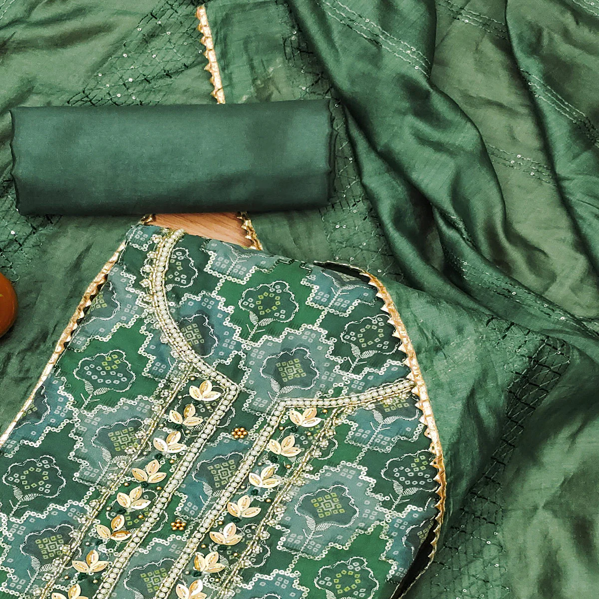 Green Sequins Embroidered With Printed Organza Dress Material - Image 2