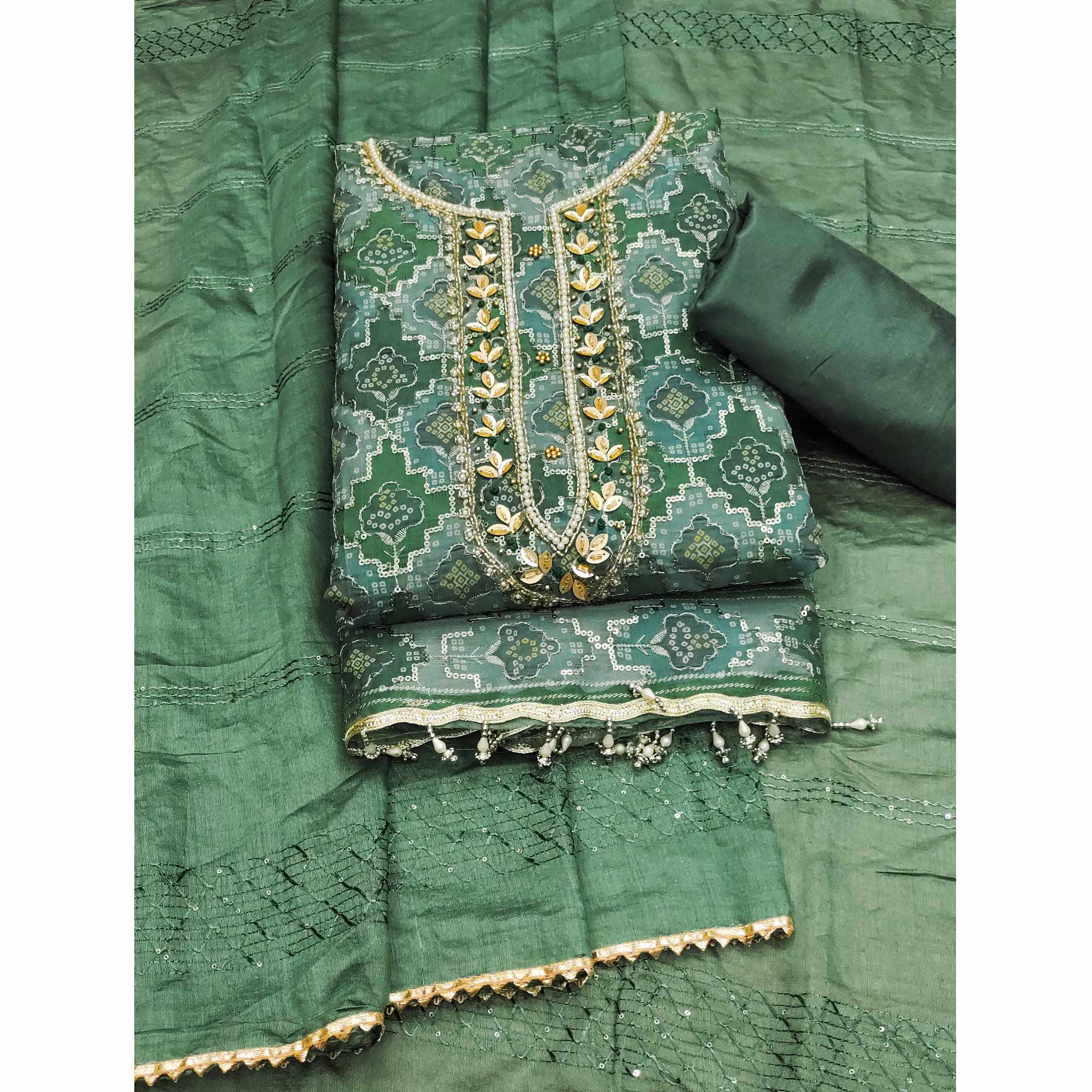 Green Sequins Embroidered With Printed Organza Dress Material - Image 3