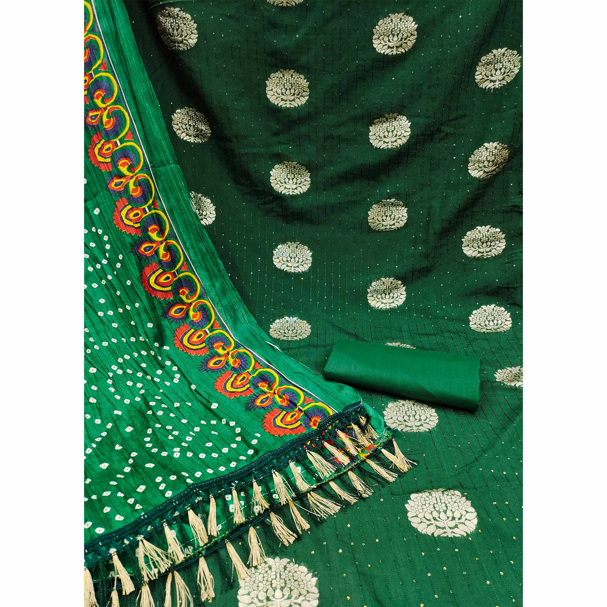 Green Sequins Embroidered With Woven Jacquard Dress Material - Image 4
