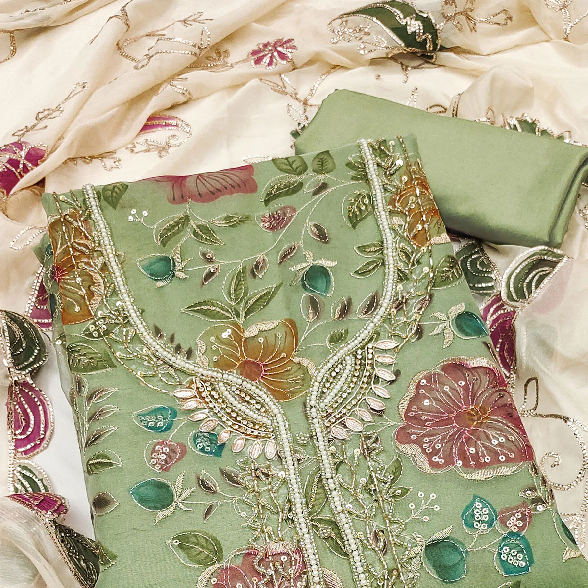 Green Sequins Embroidery With Handwork Organza Dress Material - Image 2