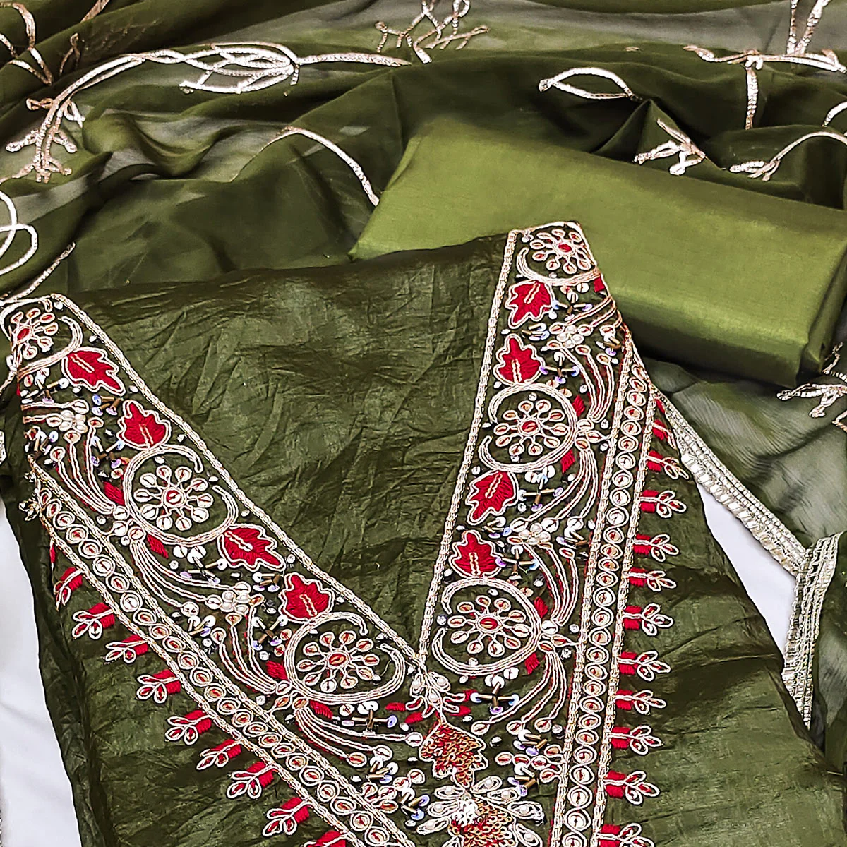 Green Sequins Embroidery With Handwork Viscose Golden Crush Dress Material - Image 2