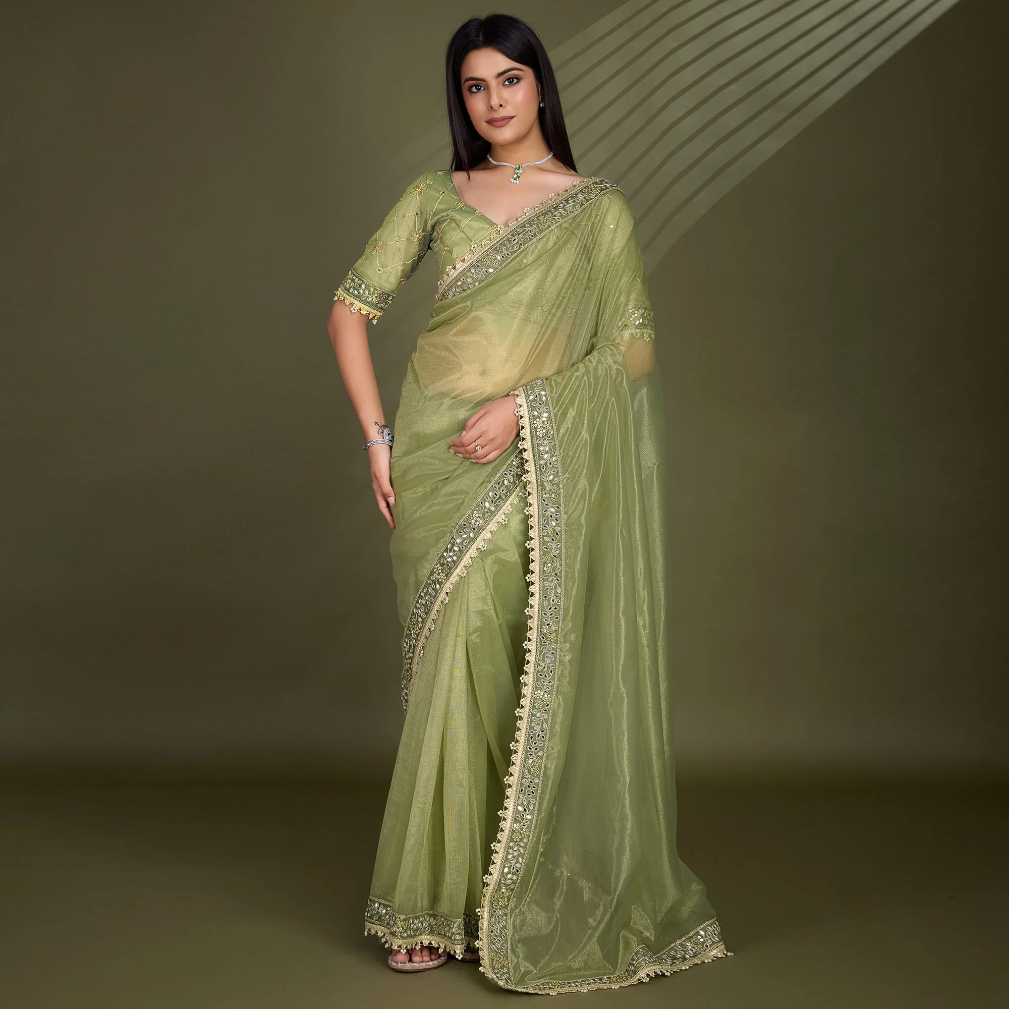 Green Sequins Embroidery With Mirror Handwork Twill Net Saree - Image 2