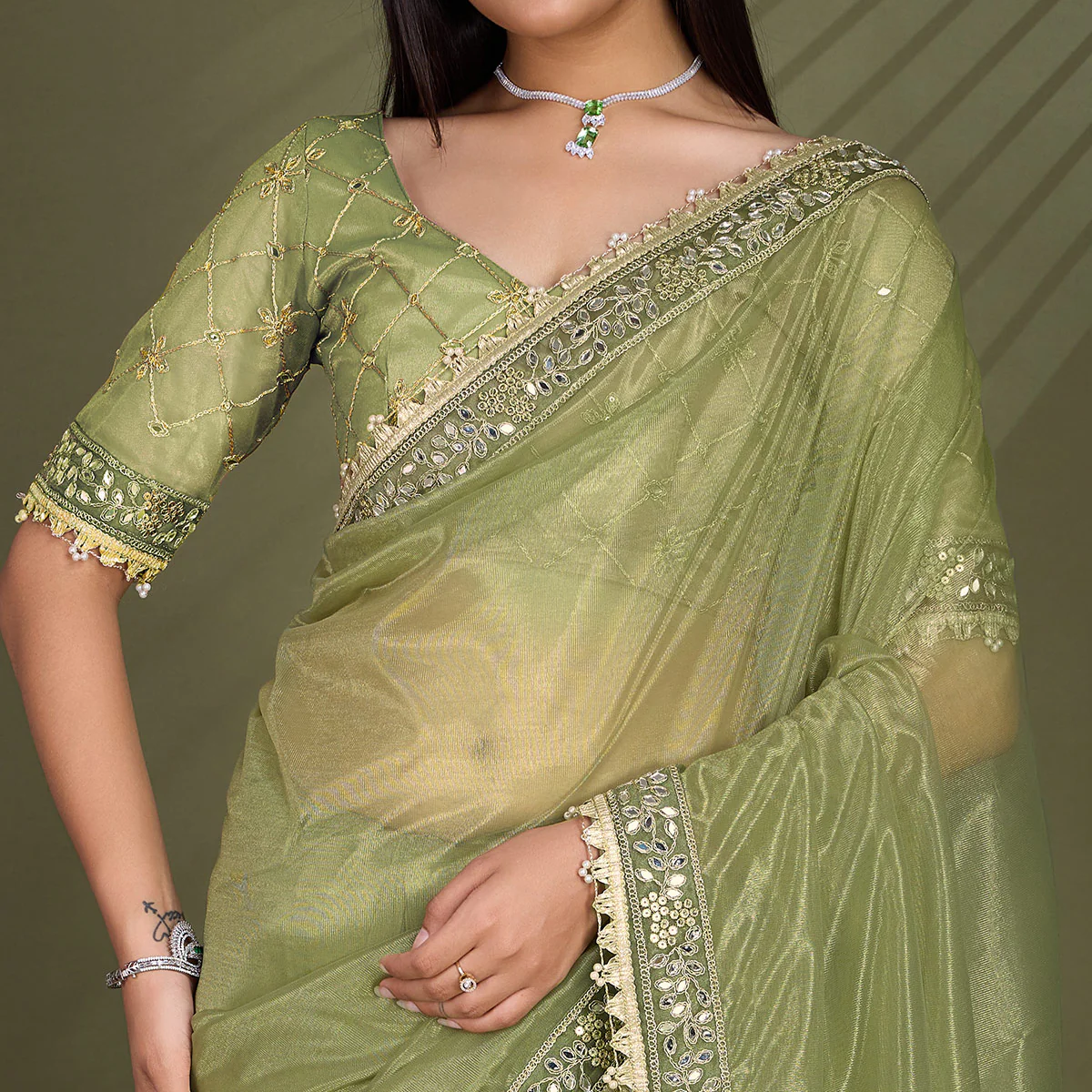 Green Sequins Embroidery With Mirror Handwork Twill Net Saree - Image 3