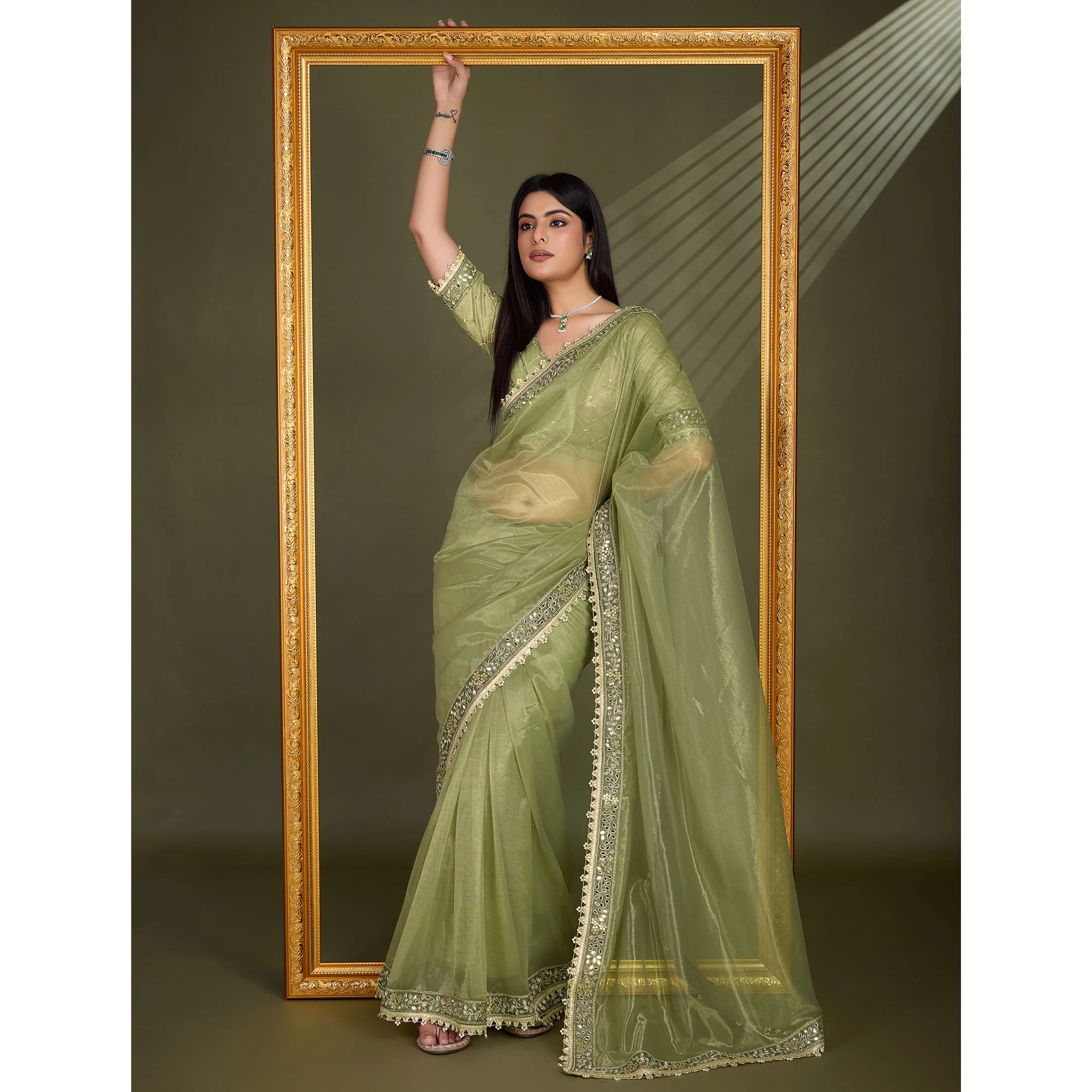 Green Sequins Embroidery With Mirror Handwork Twill Net Saree - Image 4