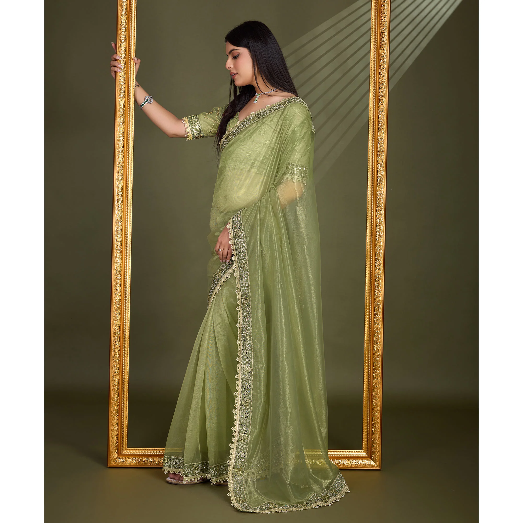 Green Sequins Embroidery With Mirror Handwork Twill Net Saree - Image 5