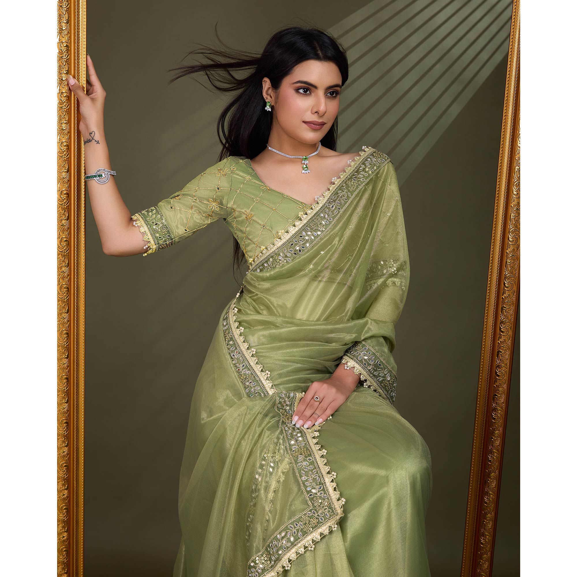 Green Sequins Embroidery With Mirror Handwork Twill Net Saree - Image 7