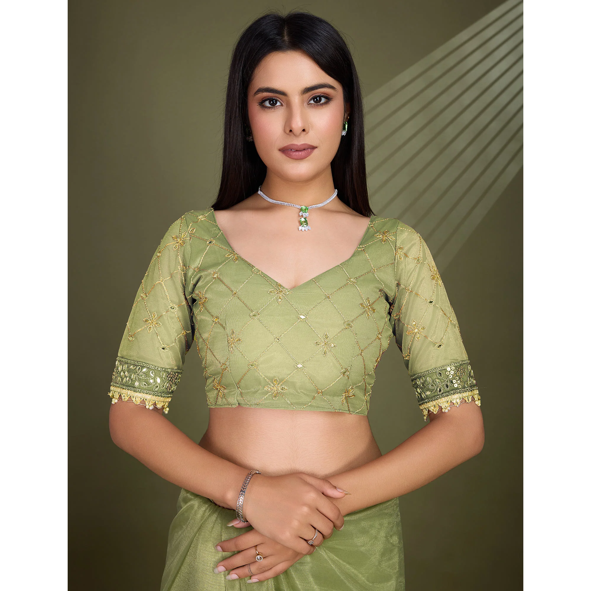 Green Sequins Embroidery With Mirror Handwork Twill Net Saree - Image 9