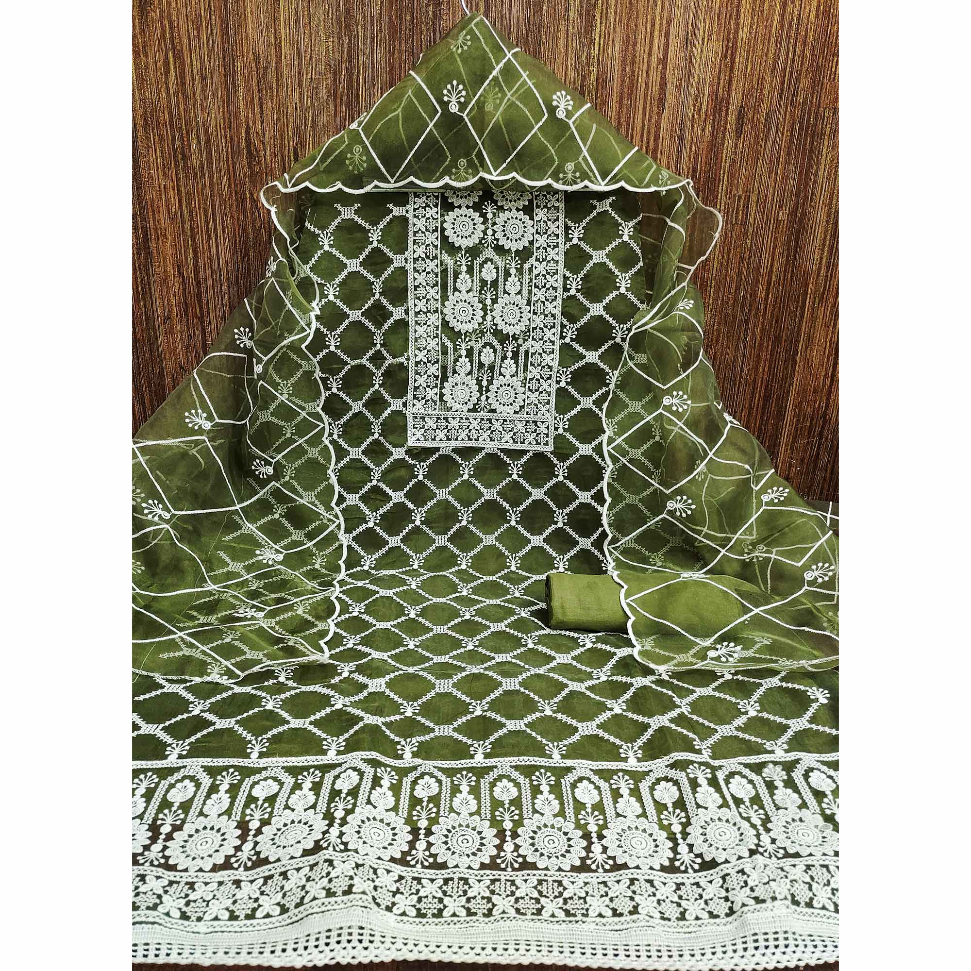Green Sheer Organza Suit Material with Floral Embroidery Detailing - Image 4
