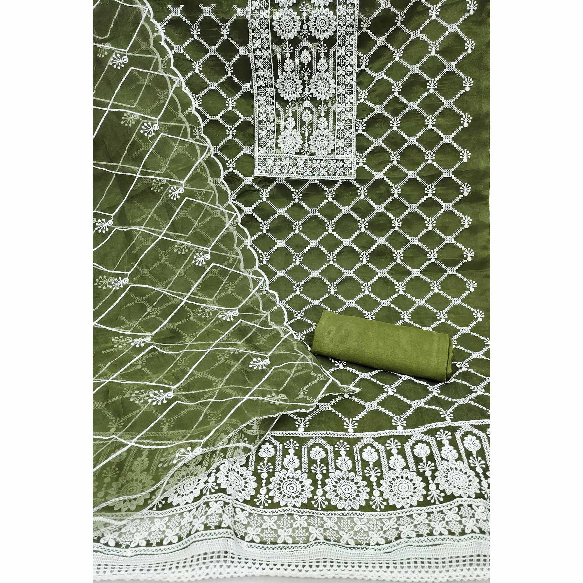 Green Sheer Organza Suit Material with Floral Embroidery Detailing - Image 5