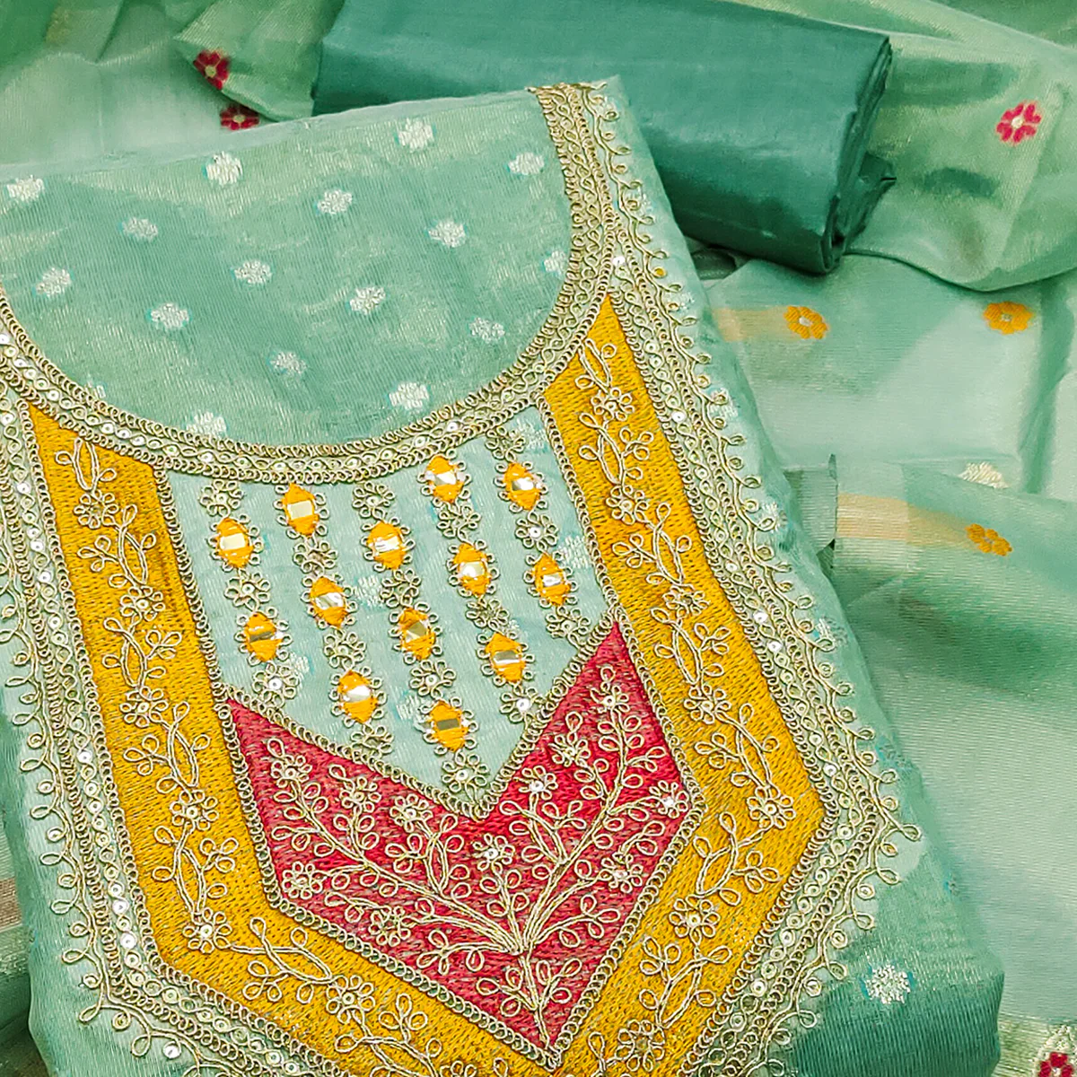 Green Shimmer Dress Material Featuring Floral Weaving & Sparkling Sequins Embroidery - Image 2