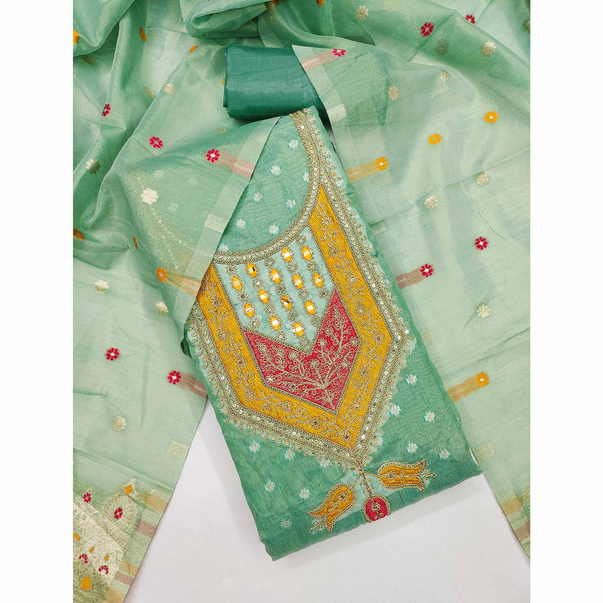 Green Shimmer Dress Material Featuring Floral Weaving & Sparkling Sequins Embroidery - Image 3