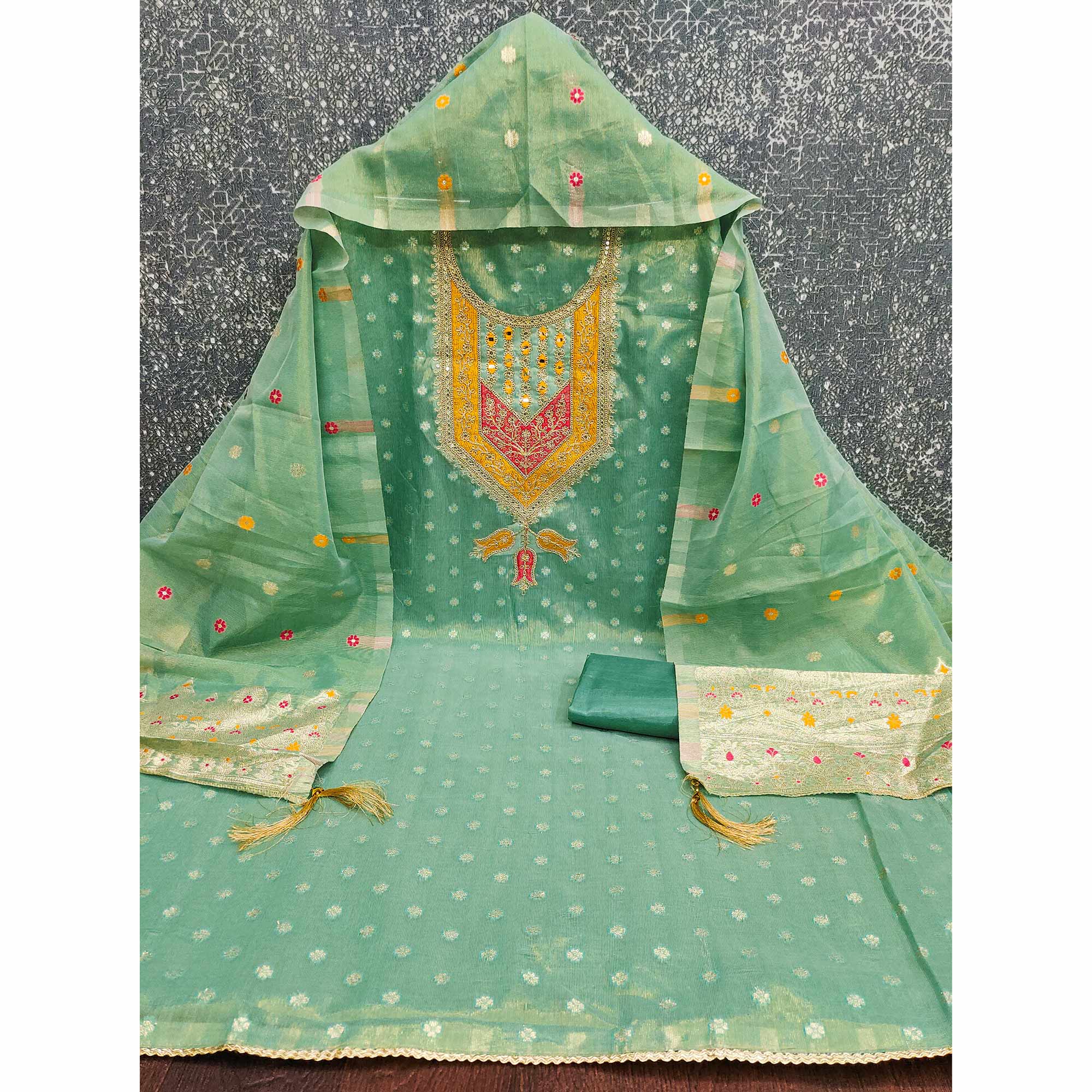 Green Shimmer Dress Material Featuring Floral Weaving & Sparkling Sequins Embroidery - Image 4
