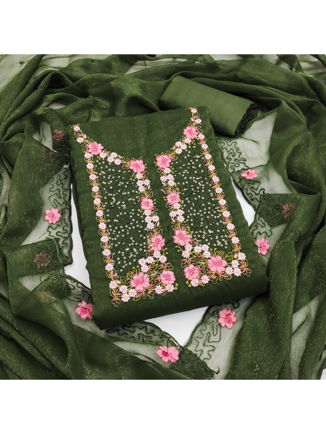 Green Shimmer Dress Material with Floral Embroidery and Dupatta - Image 2