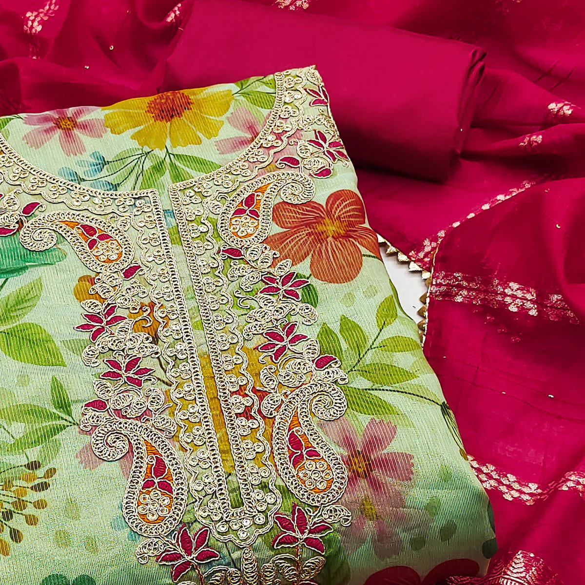 Green Shimmer Silk Dress Material With Floral Digital Print & Sequins Embroidery - Image 2