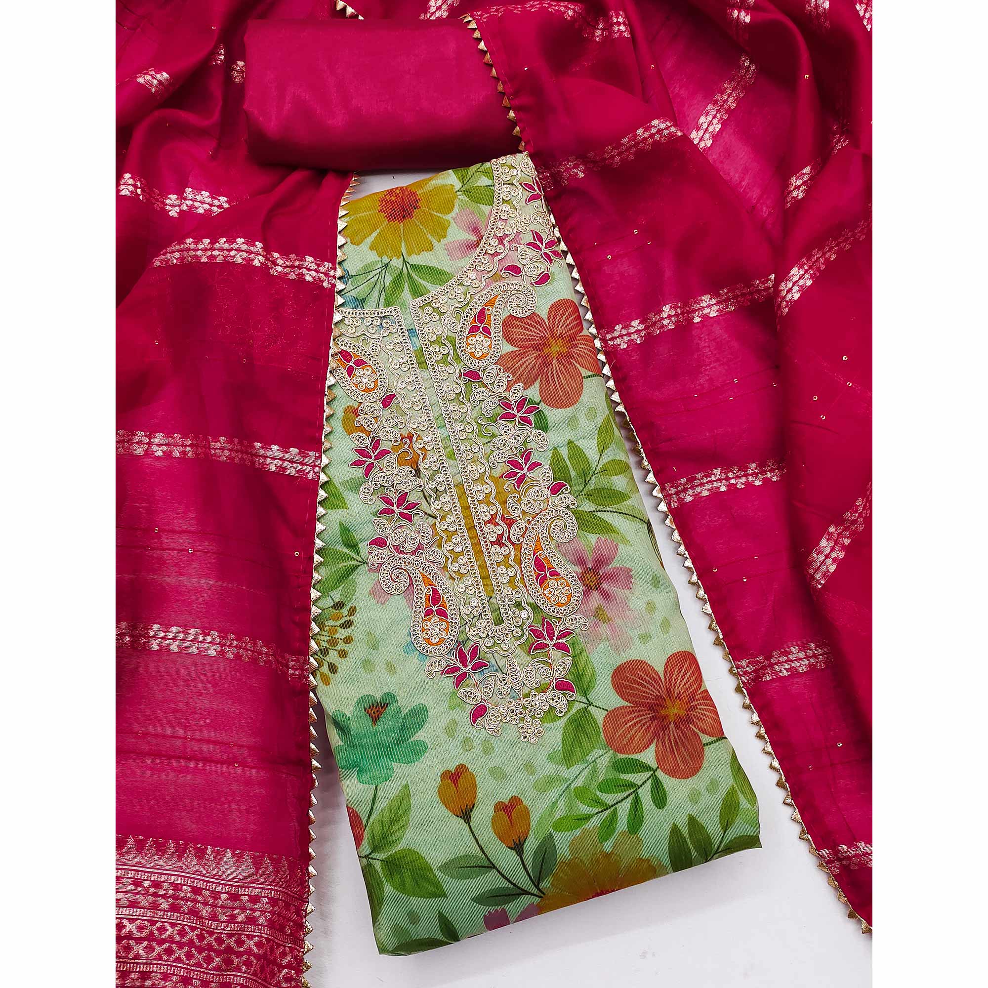 Green Shimmer Silk Dress Material With Floral Digital Print & Sequins Embroidery - Image 3