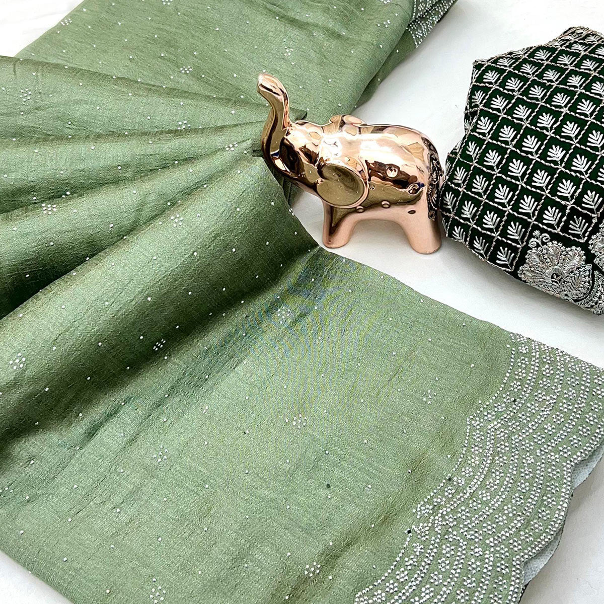 Green Shimmering Swarovski Embroidered Vichitra Silk Saree - Image 2