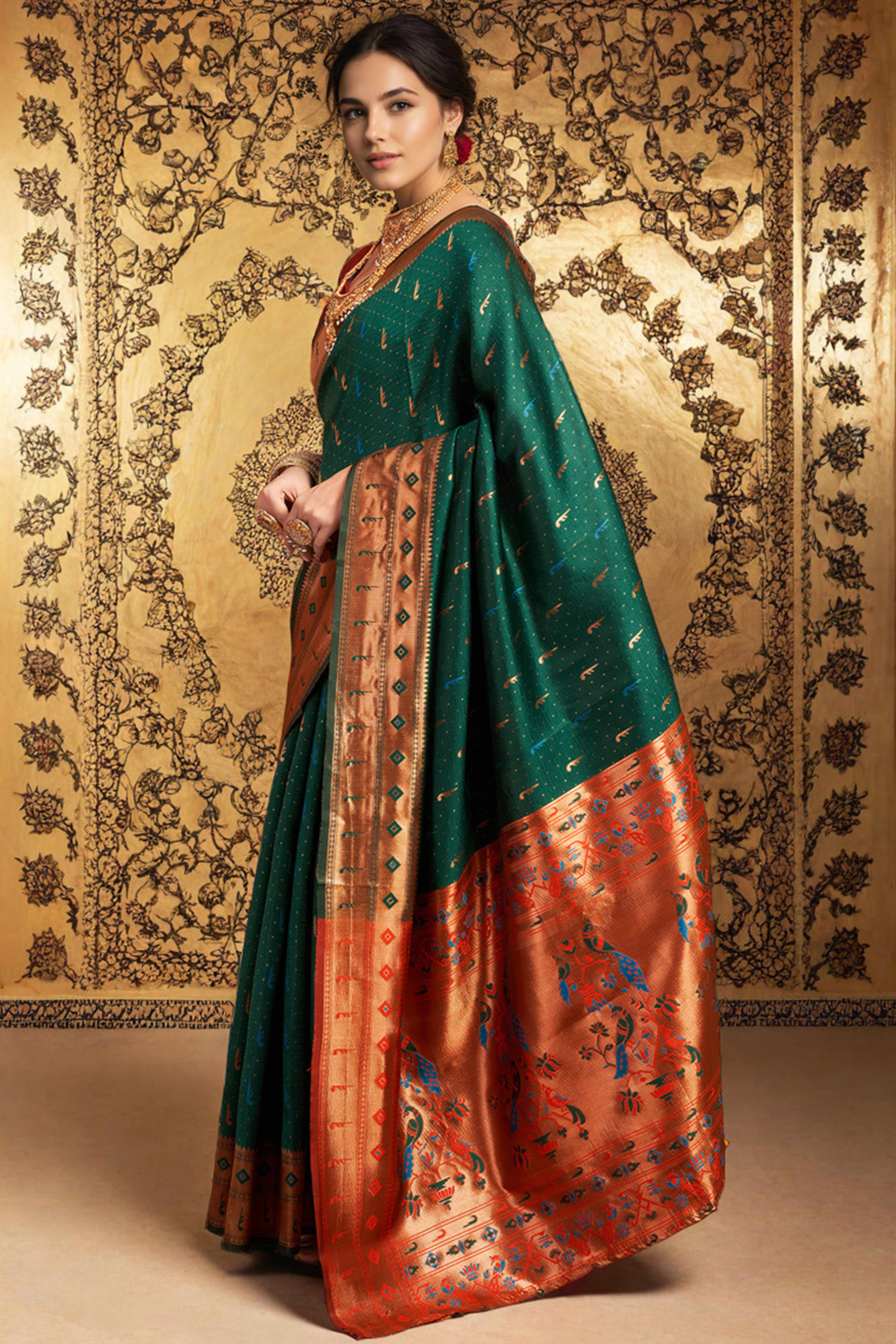 Green Silk Blend Paithani Saree Adorned With Zari Weaving & Peacock Motif Pallu - Image 4