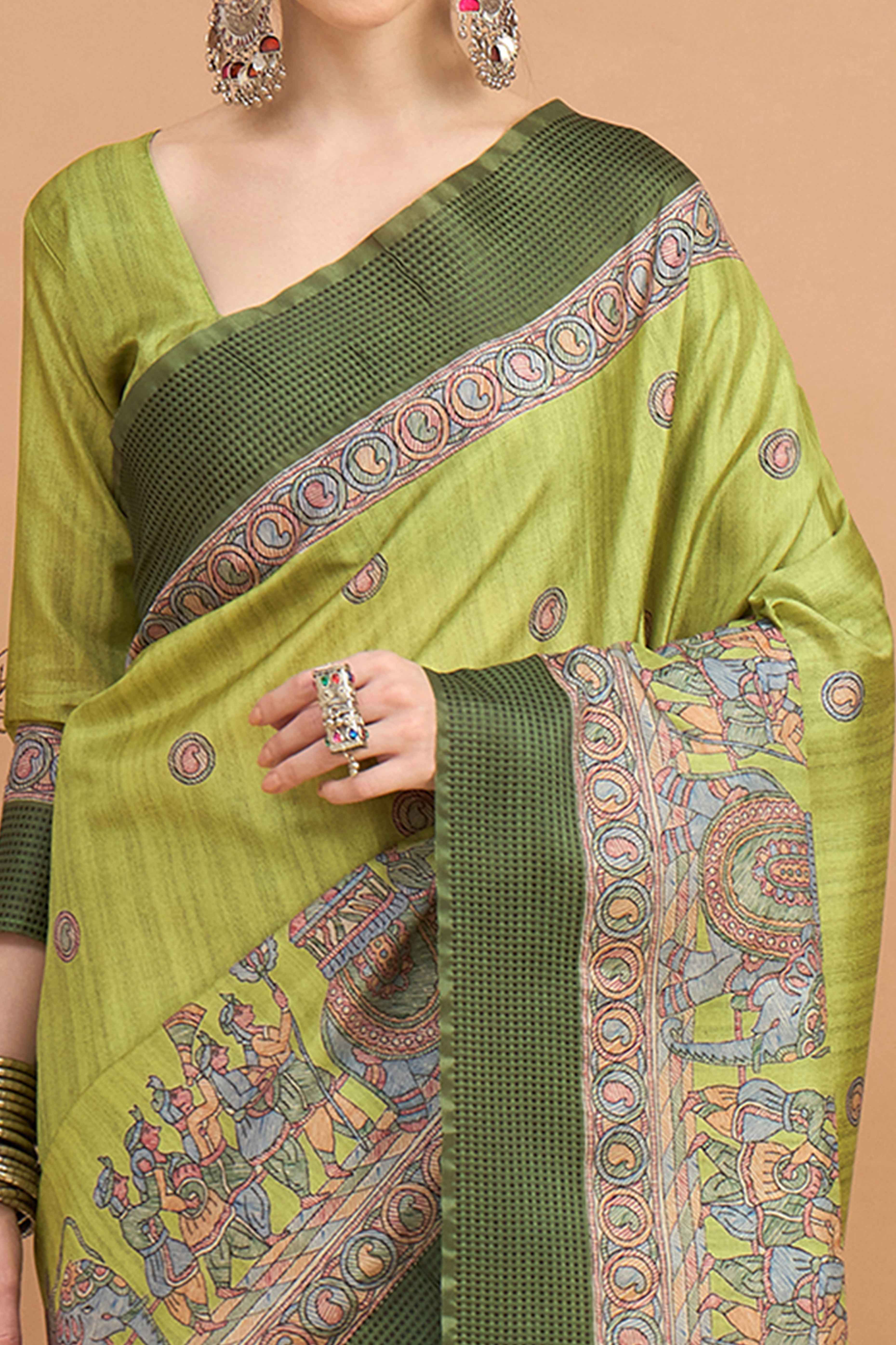 Green Silk Blend Saree with Delicate Floral Motifs - Image 2