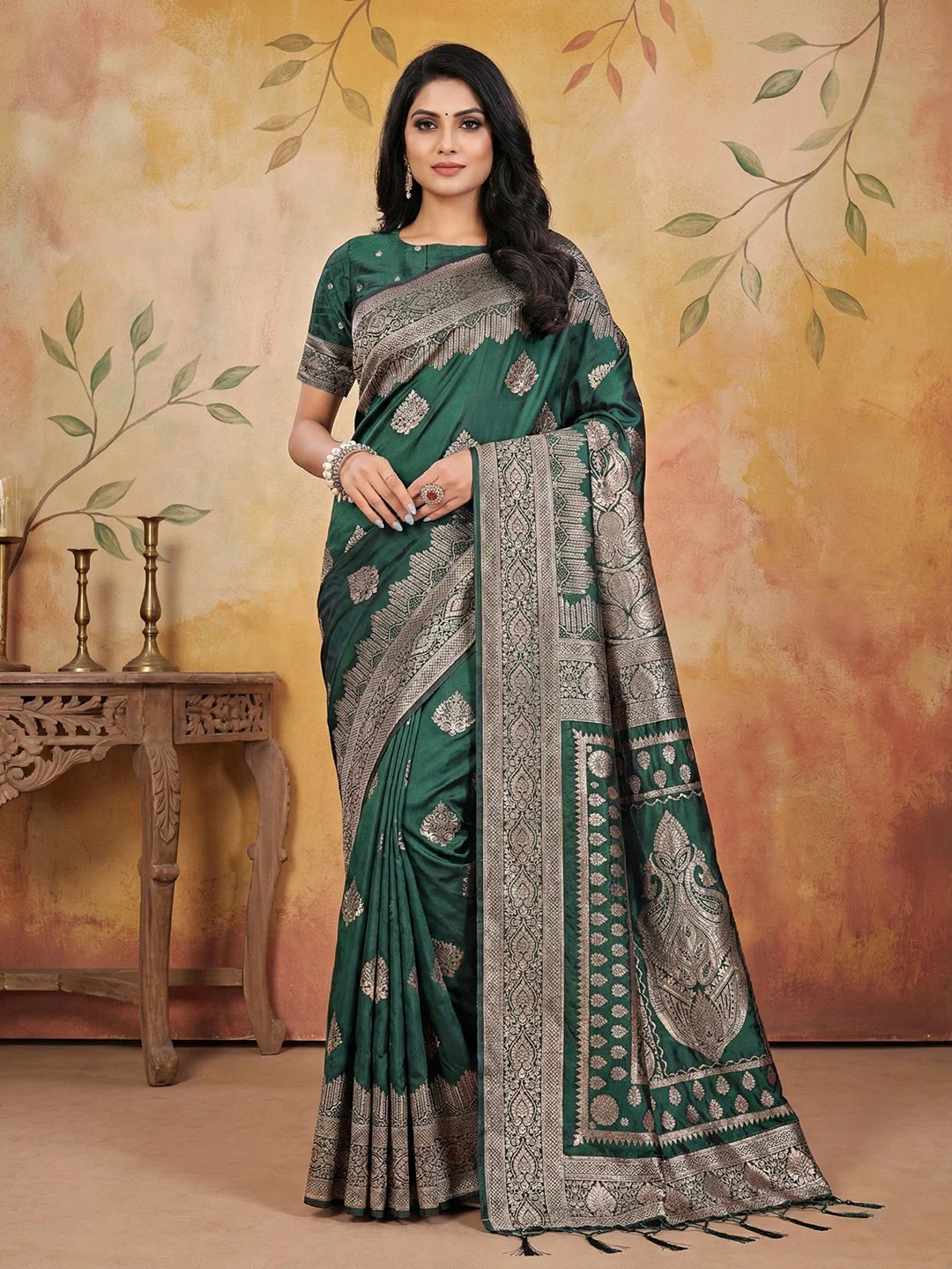 Green Silk Blend Saree with Traditional Woven Detailing and Smooth Finish