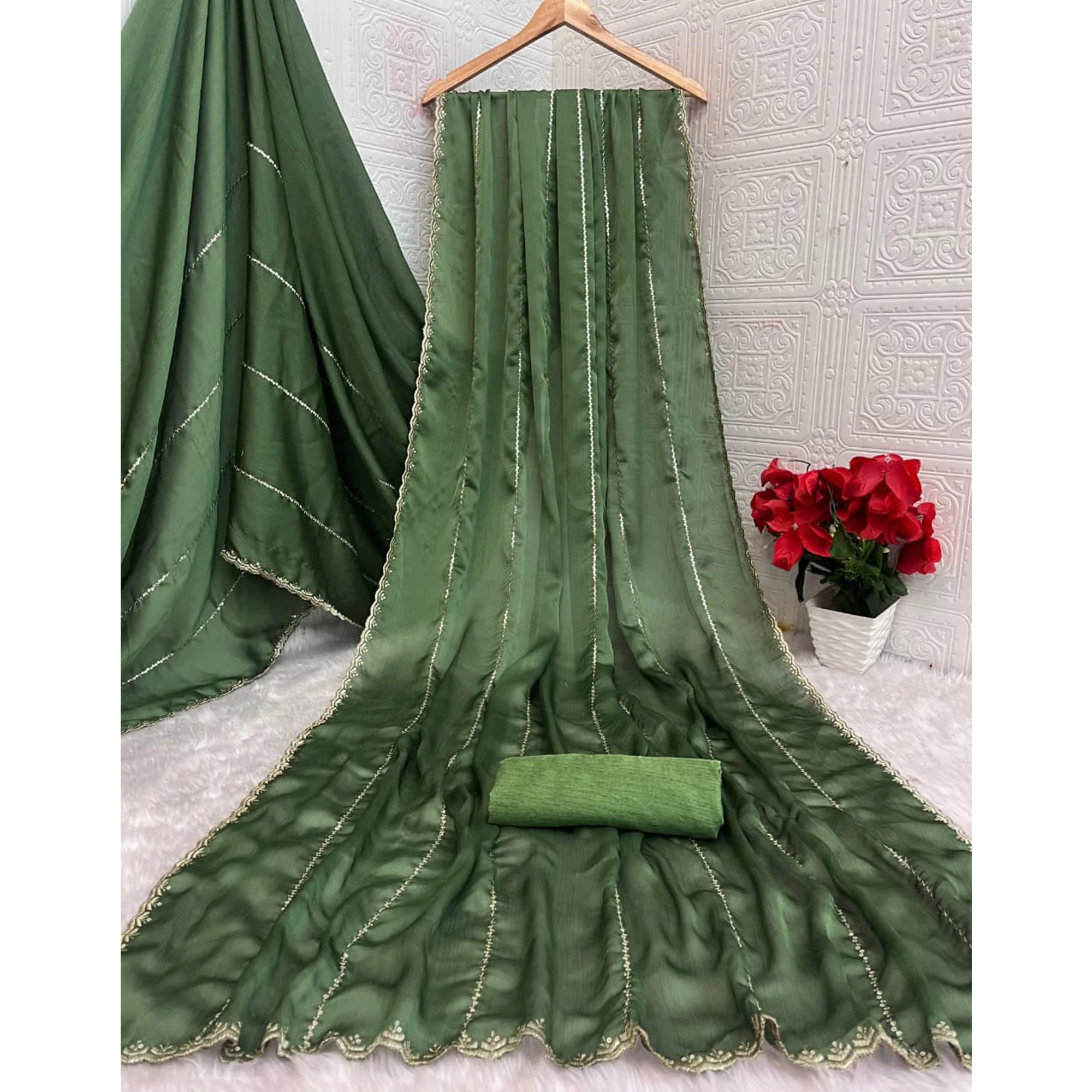 Green Soft Satin Chiffon Saree Adorned with Intricate Sequins Detailing - Image 3