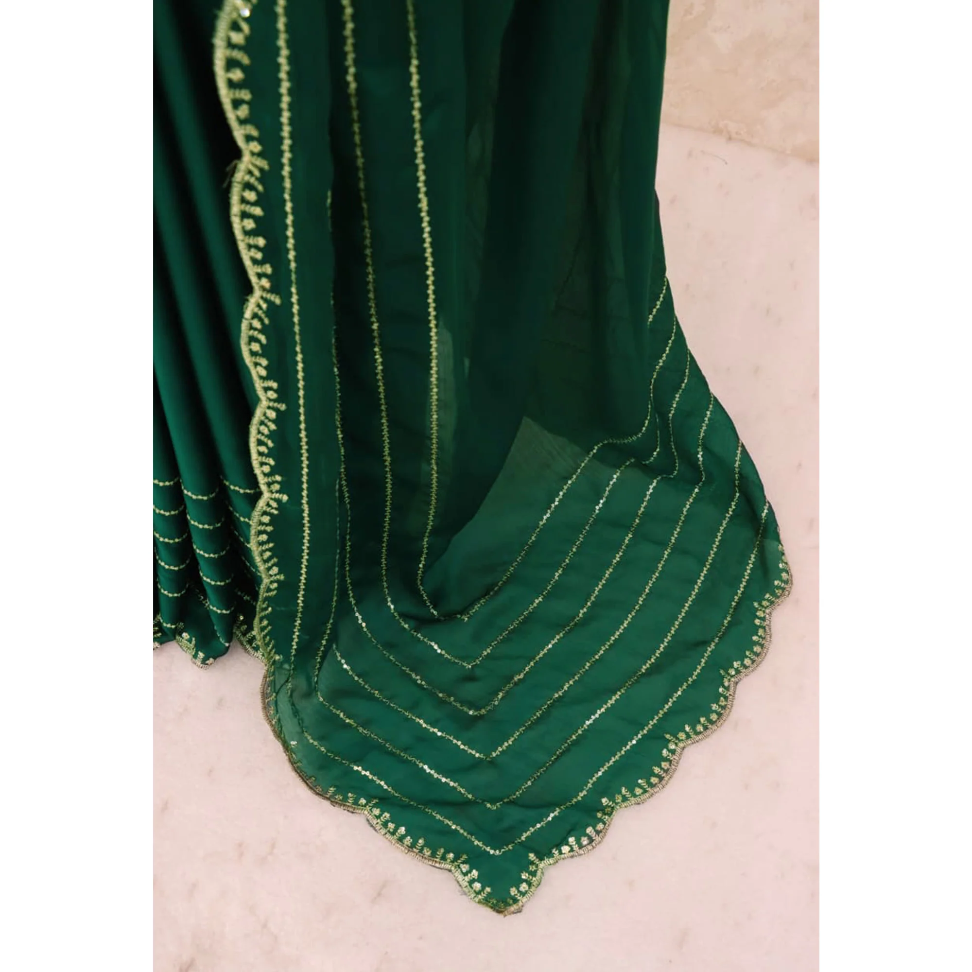 Green Soft Satin Chiffon Saree Embellished with Intricate Sequins Detailing - Image 10