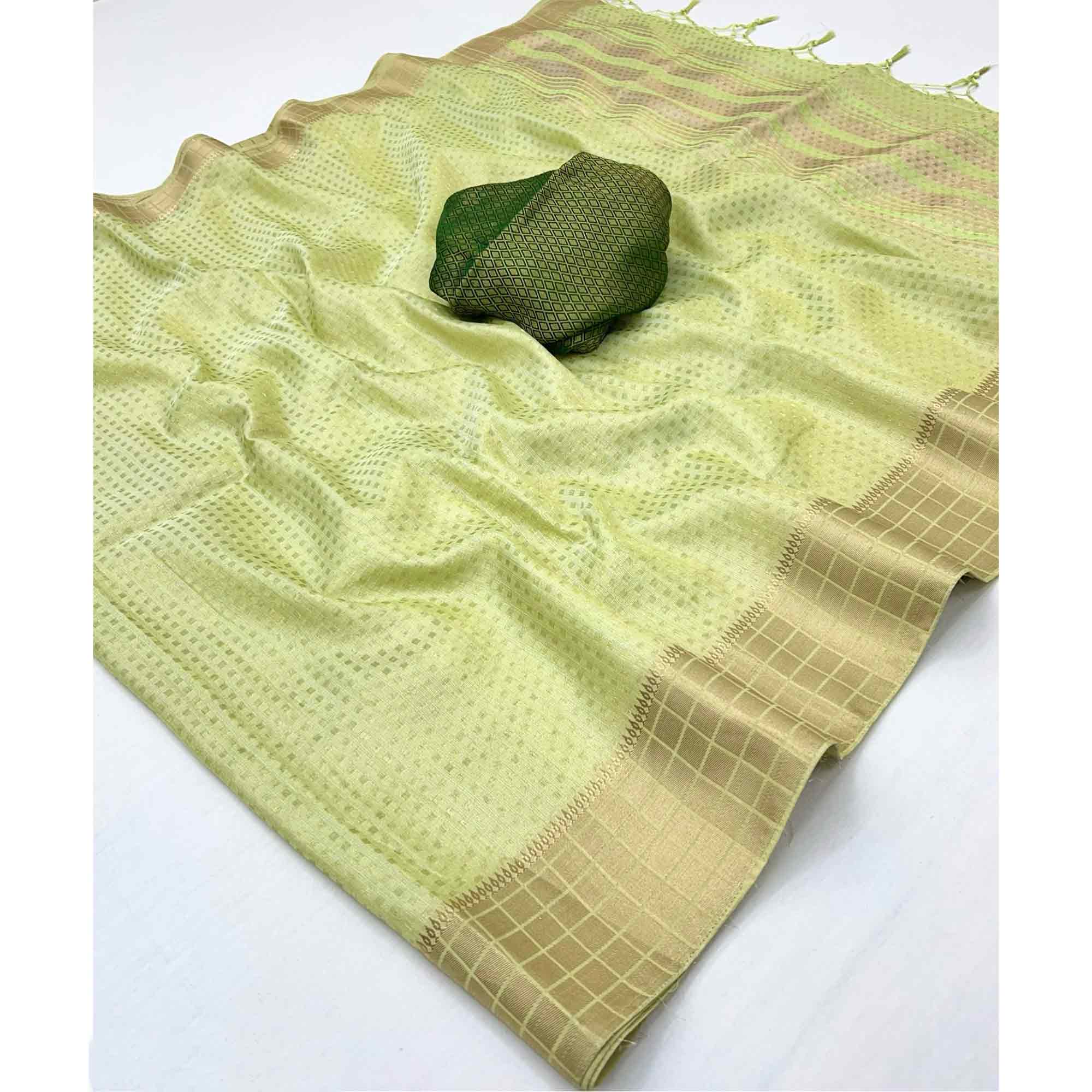 Green Soft Tissue Saree Featuring Rich Zari-Woven Detailing. - Image 3