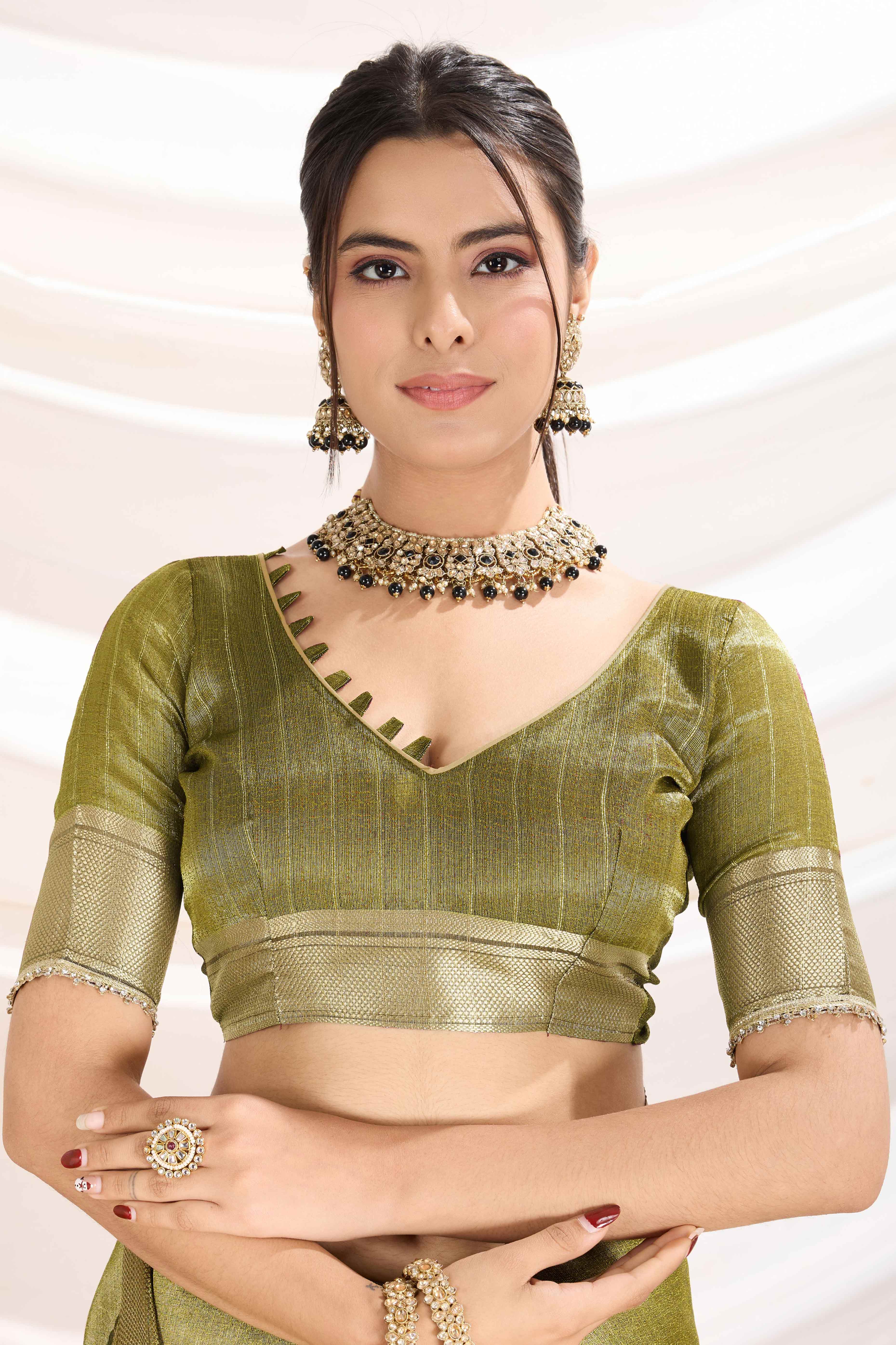 Green Solid Linen Tissue Saree With Weaving & Zarkan Lace Border - Image 8