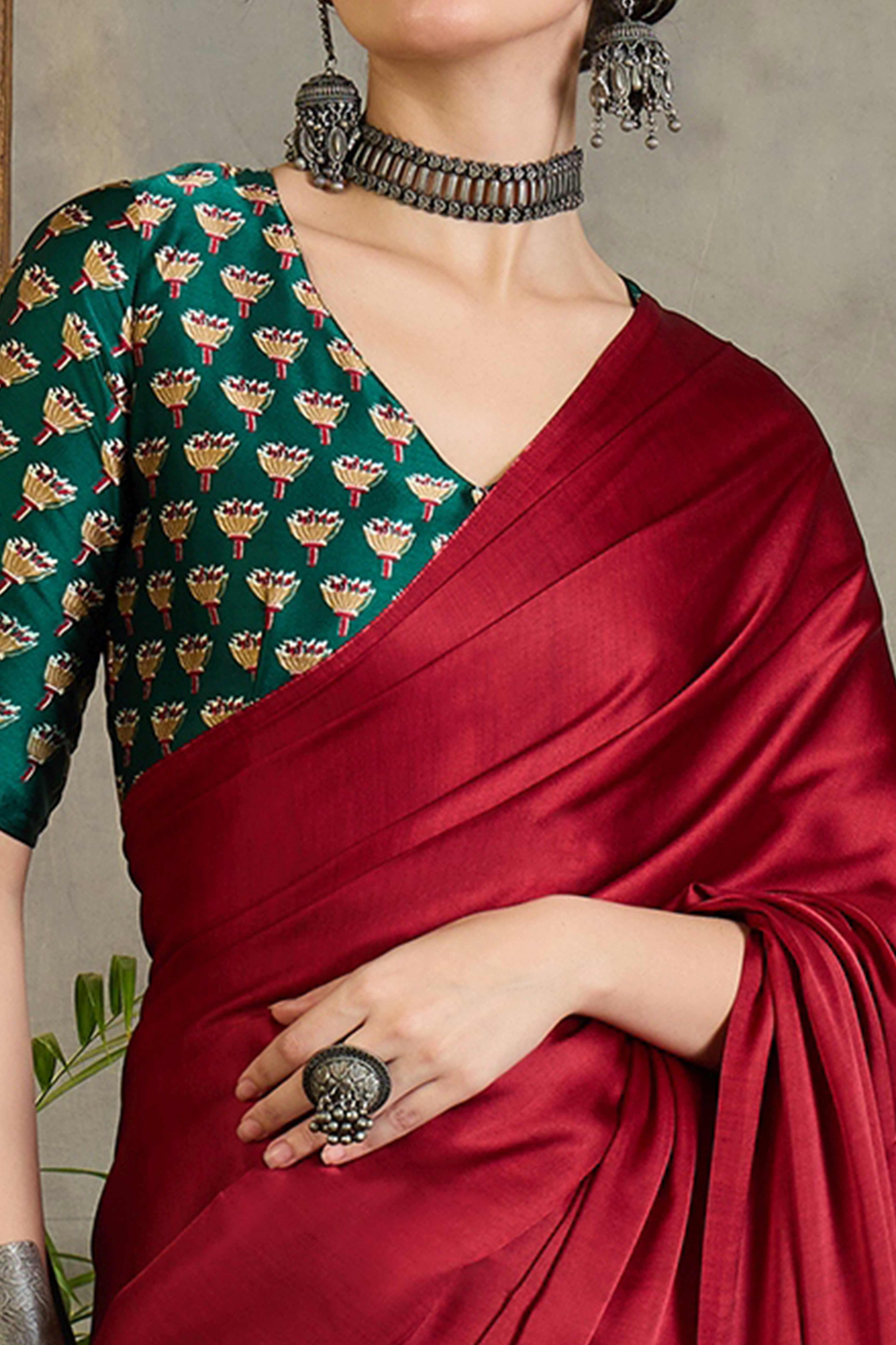 Green Solid Modal Satin Saree Highlighted with Classic Ajrakh Pallu Design - Image 2