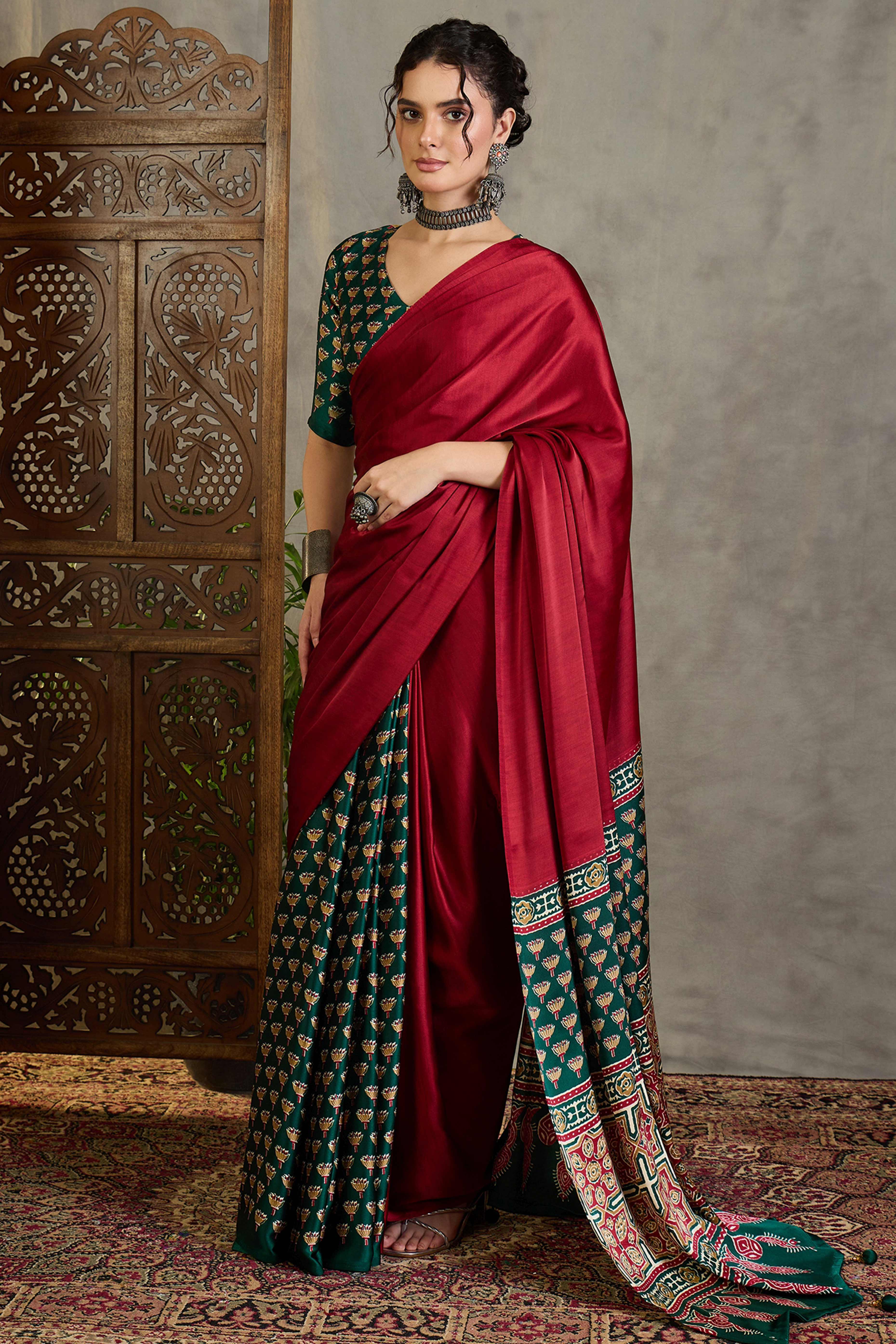 Green Solid Modal Satin Saree Highlighted with Classic Ajrakh Pallu Design - Image 4