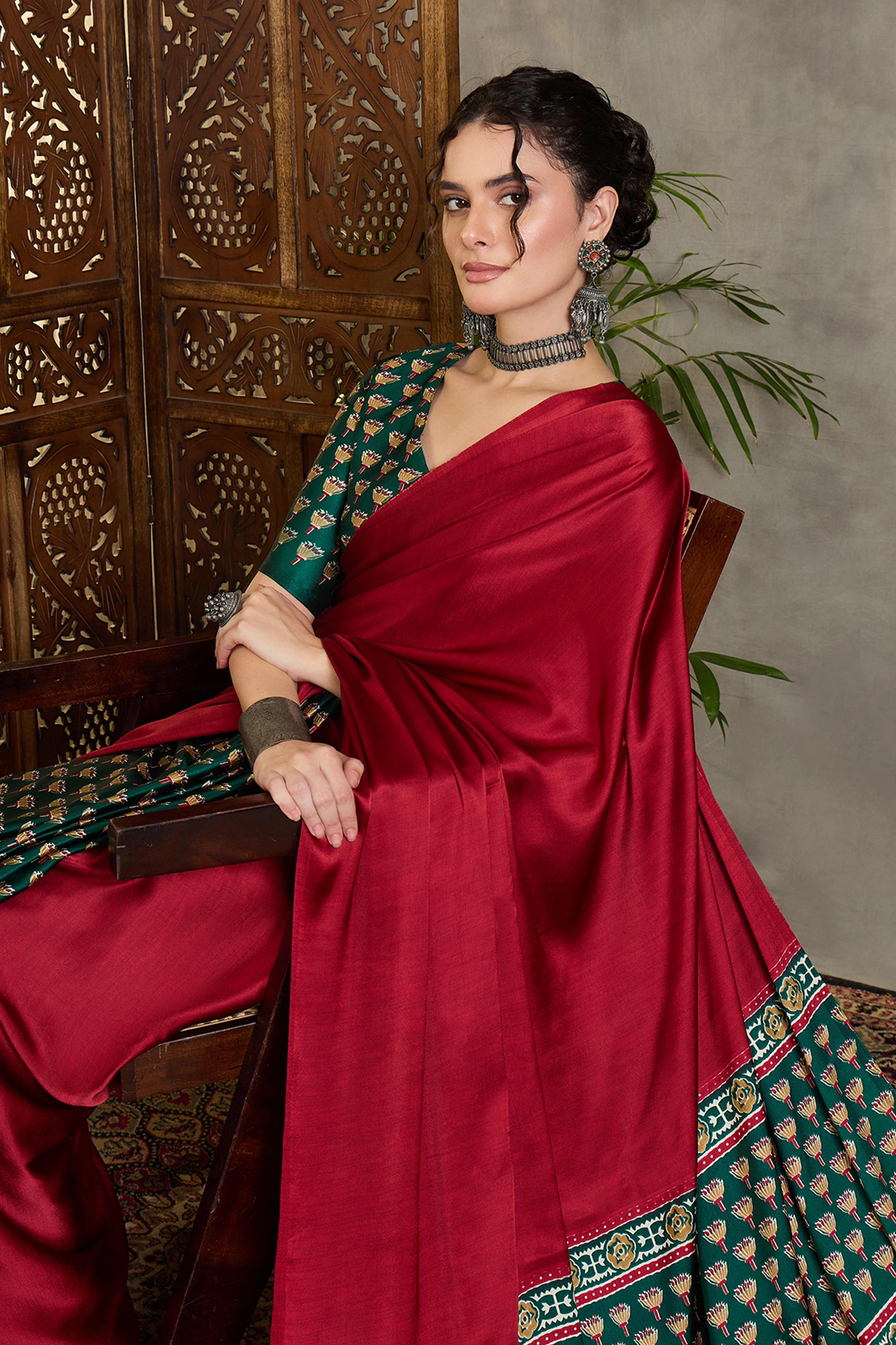 Green Solid Modal Satin Saree Highlighted with Classic Ajrakh Pallu Design - Image 6