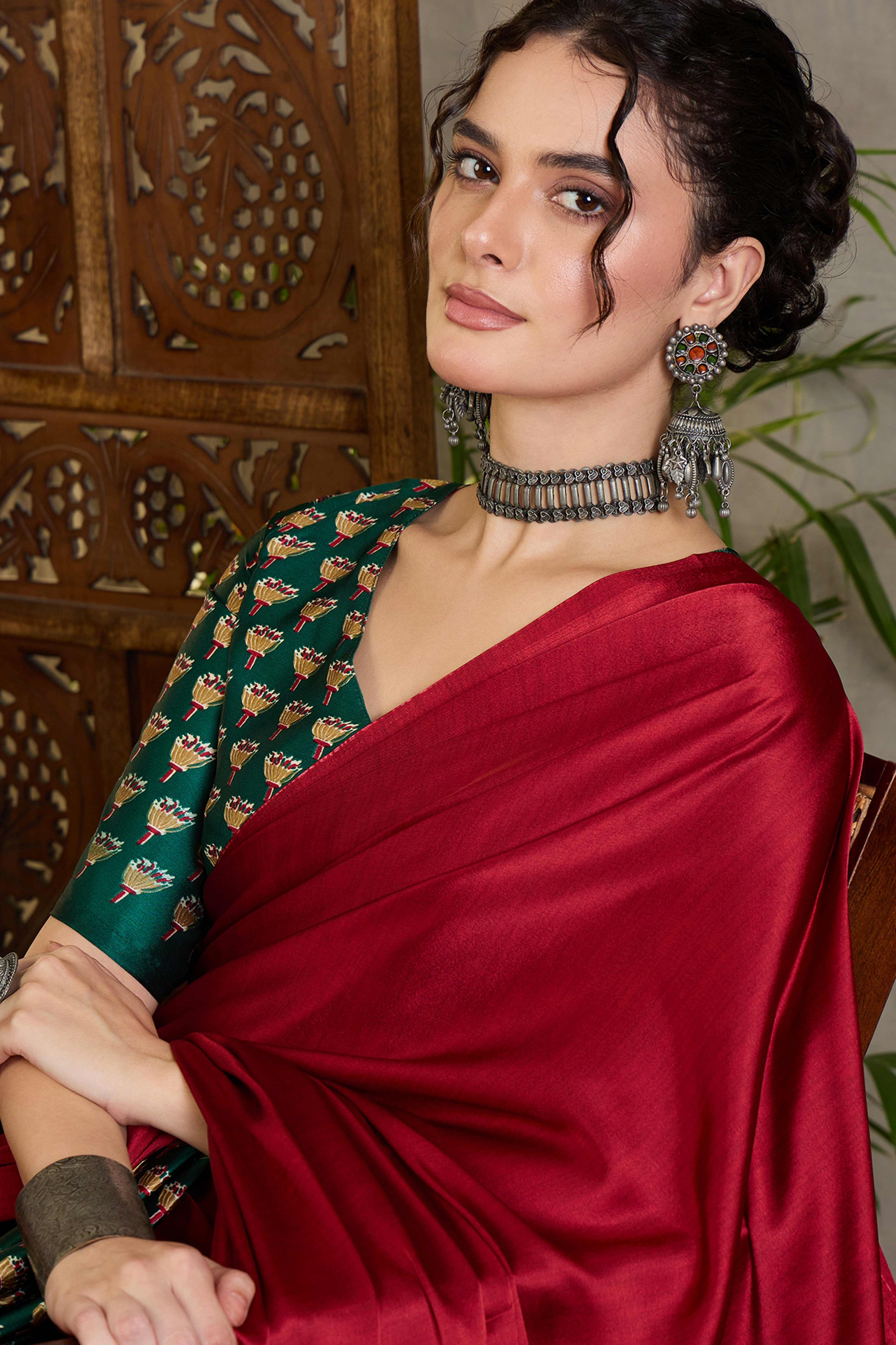 Green Solid Modal Satin Saree Highlighted with Classic Ajrakh Pallu Design - Image 7