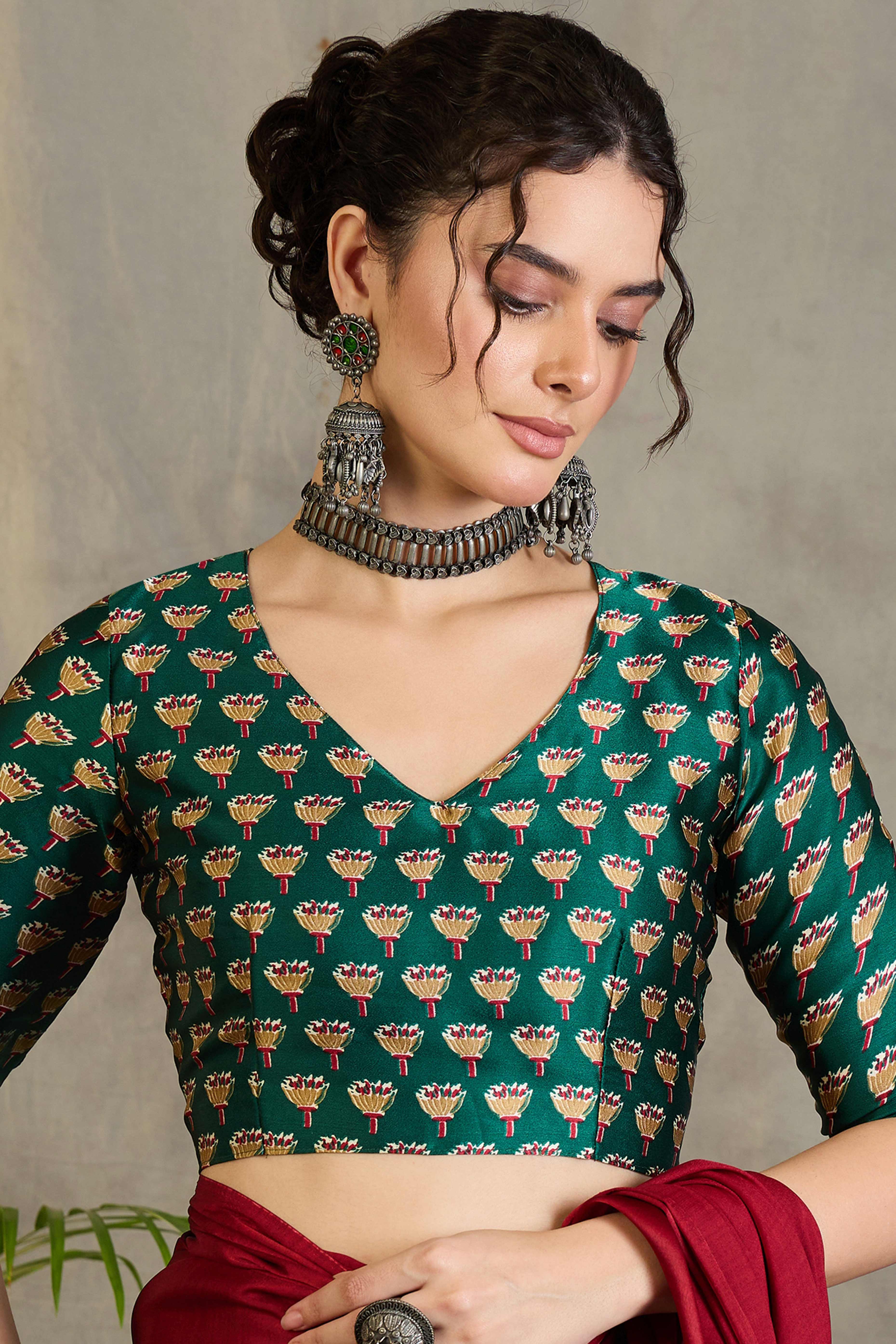 Green Solid Modal Satin Saree Highlighted with Classic Ajrakh Pallu Design - Image 8